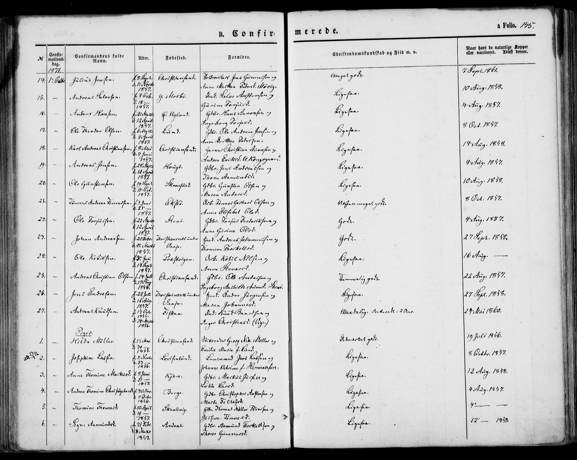 Oddernes sokneprestkontor, AV/SAK-1111-0033/F/Fa/Faa/L0008: Parish register (official) no. A 8, 1864-1880, p. 145