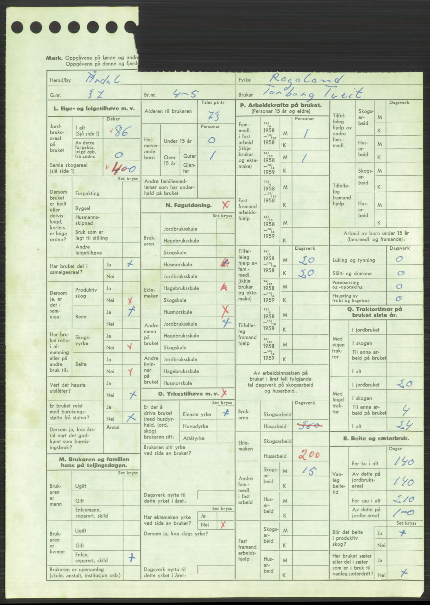 Statistisk sentralbyrå, Næringsøkonomiske emner, Jordbruk, skogbruk, jakt, fiske og fangst, AV/RA-S-2234/G/Gd/L0373: Rogaland: 1130 Strand (kl. 1-2), 1131 Årdal og 1132 Fister, 1959, p. 1329