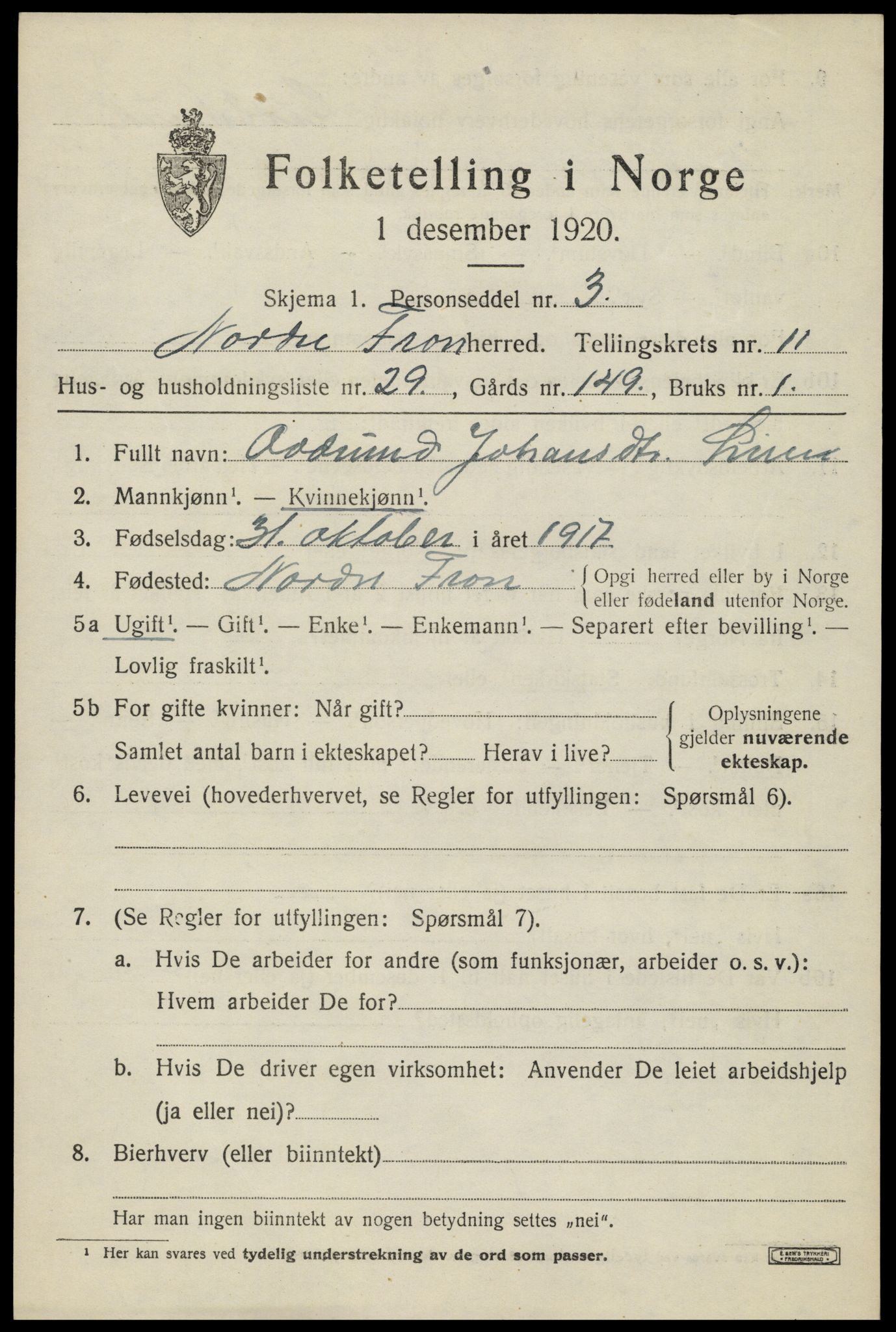 SAH, 1920 census for Nord-Fron, 1920, p. 9688