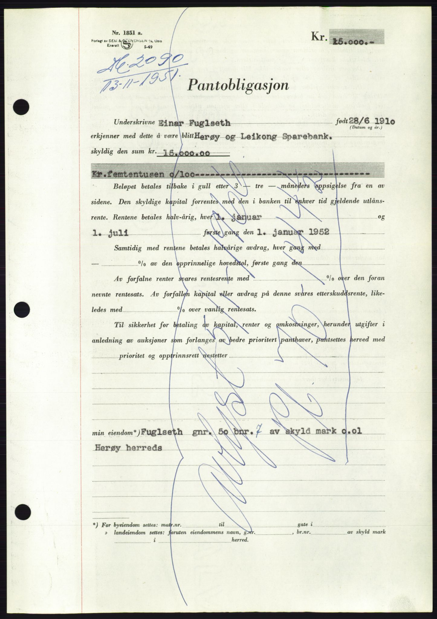 Søre Sunnmøre sorenskriveri, AV/SAT-A-4122/1/2/2C/L0120: Mortgage book no. 8B, 1951-1951, Diary no: : 2090/1951