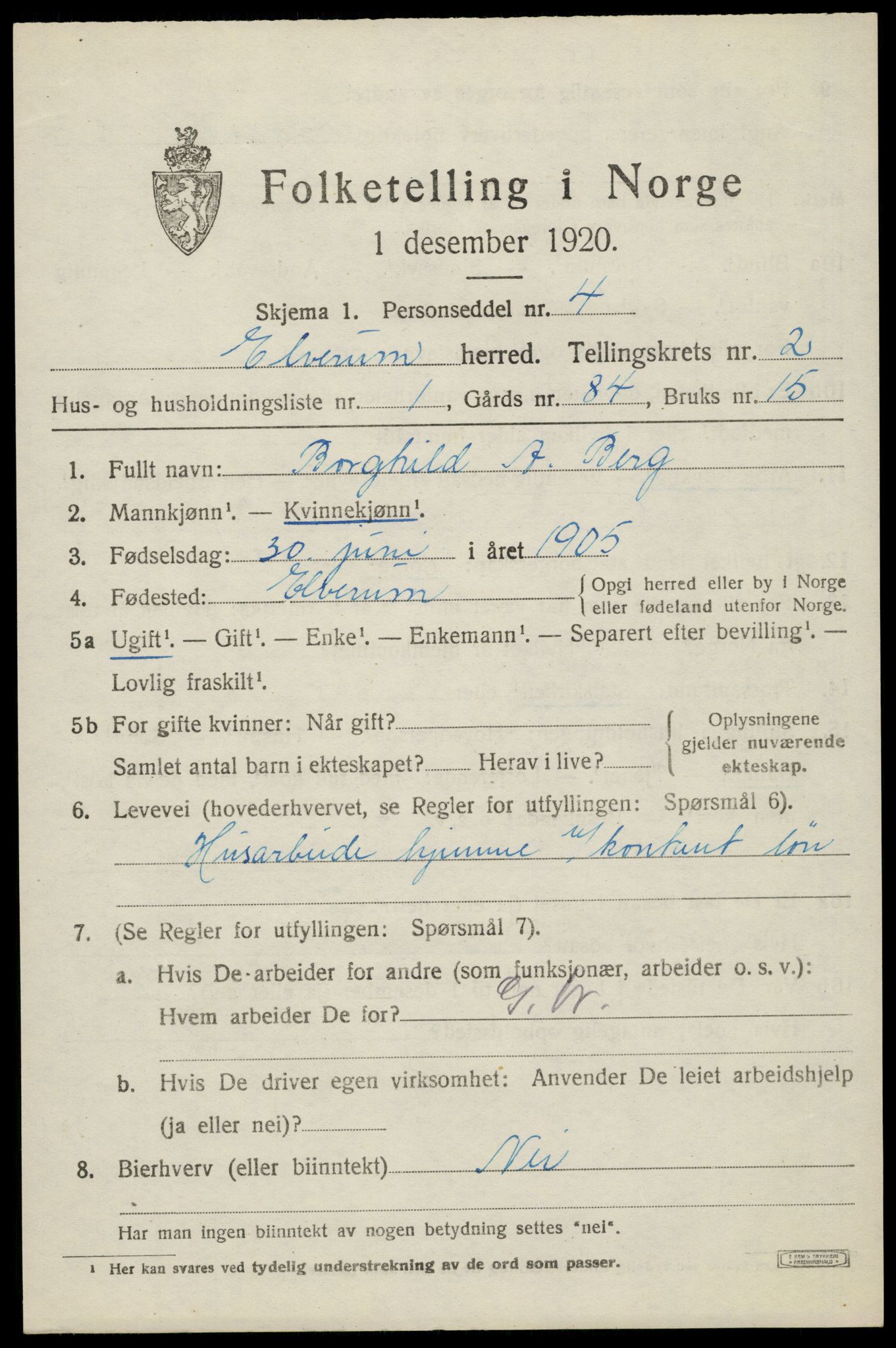 SAH, 1920 census for Elverum, 1920, p. 4600