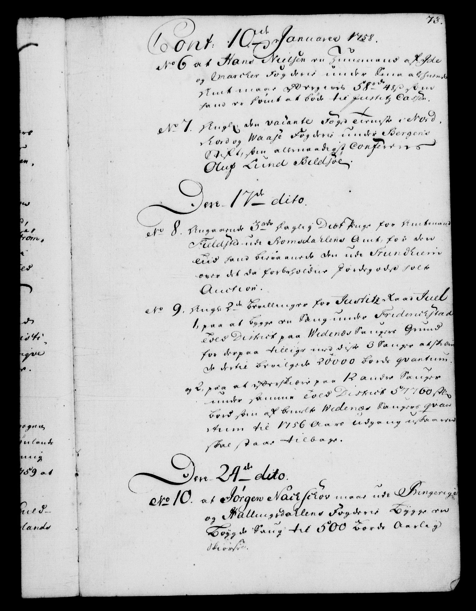 Rentekammeret, Kammerkanselliet, RA/EA-3111/G/Gf/Gfb/L0006: Register til norske relasjons- og resolusjonsprotokoller (merket RK 52.101), 1755-1765, p. 73