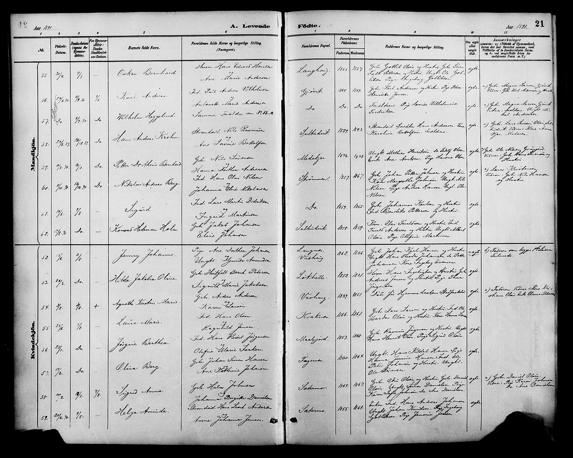 Lenvik sokneprestembete, SATØ/S-1310/H/Ha/Haa/L0013kirke: Parish register (official) no. 13, 1890-1898, p. 21