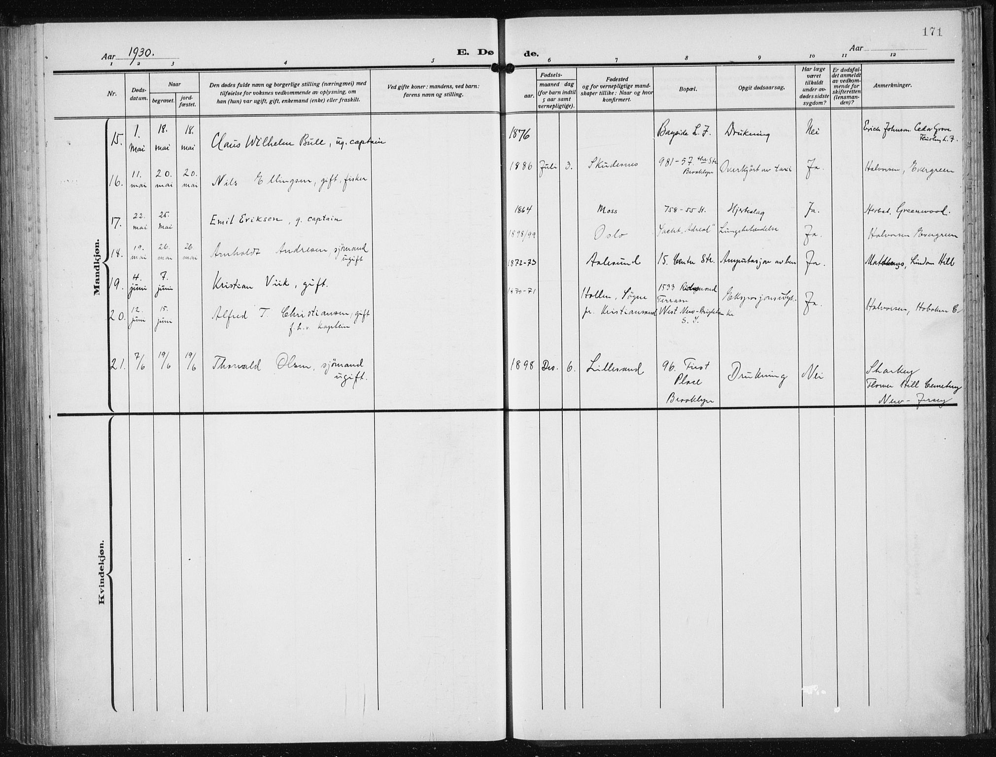 Den norske sjømannsmisjon i utlandet/New York, AV/SAB-SAB/PA-0110/H/Ha/L0008: Parish register (official) no. A 8, 1923-1935, p. 171