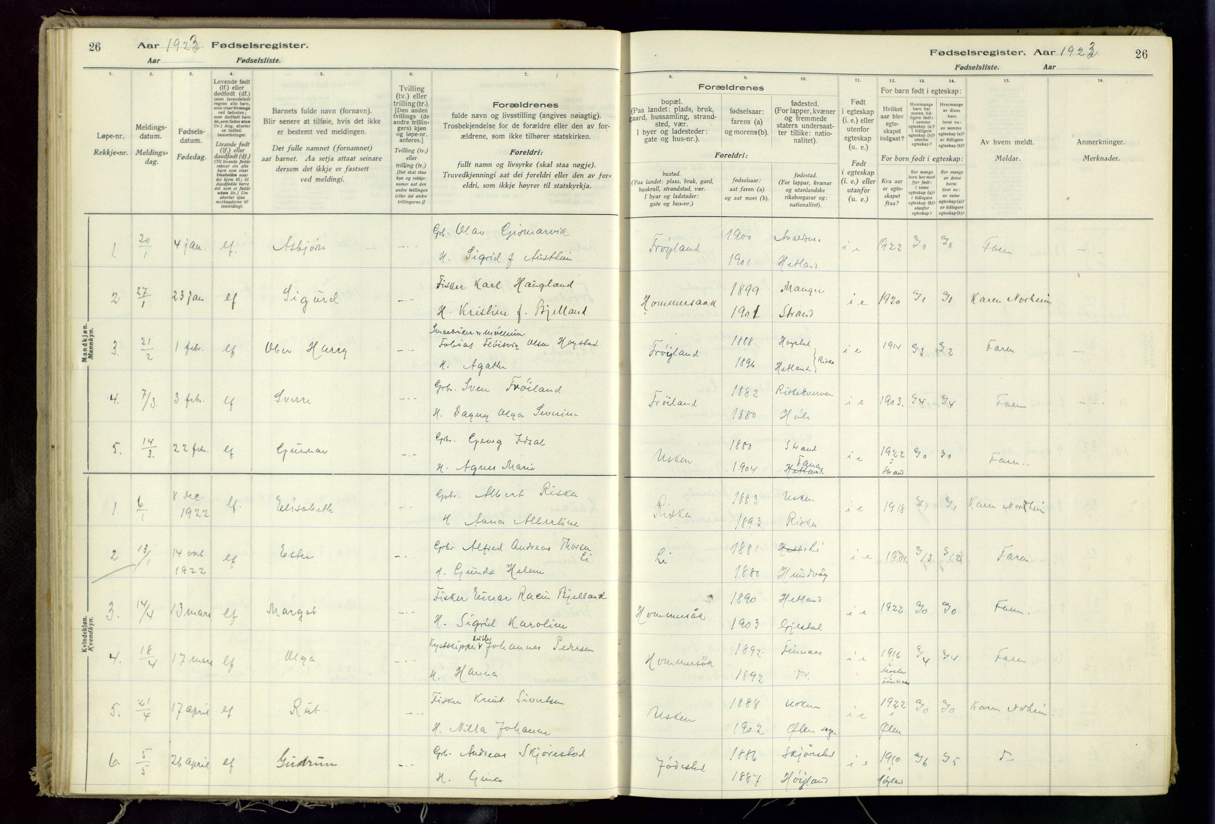 Hetland sokneprestkontor, SAST/A-101826/70/704BA/L0002: Birth register no. 2, 1916-1968, p. 26