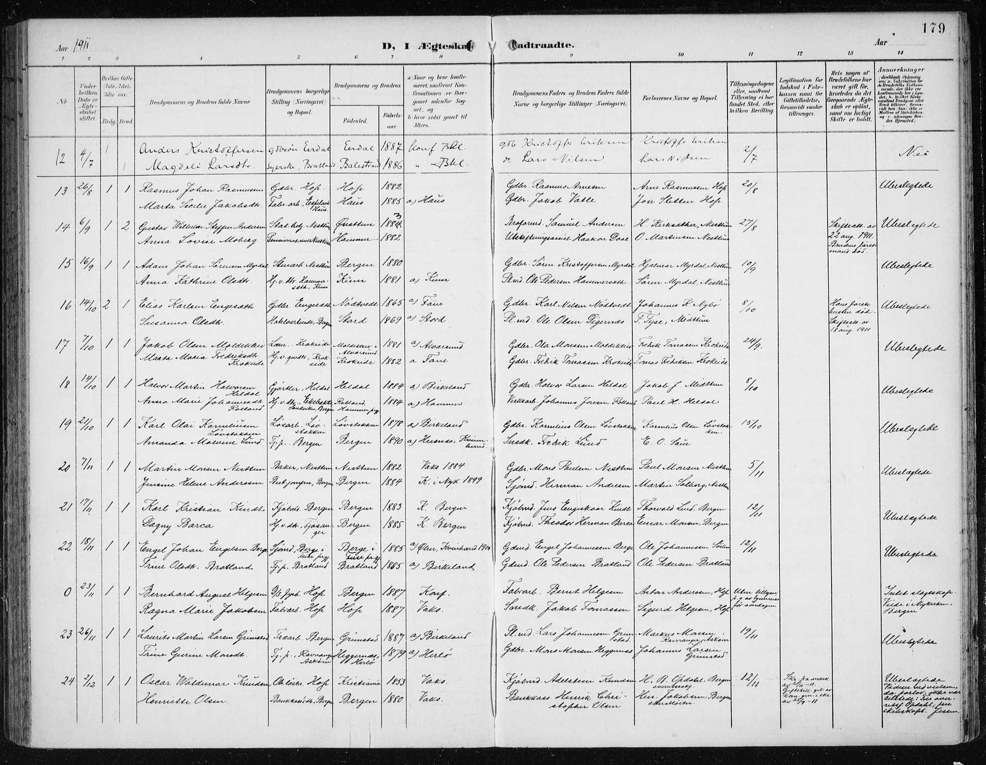 Fana Sokneprestembete, SAB/A-75101/H/Haa/Haai/L0003: Parish register (official) no. I 3, 1900-1912, p. 179