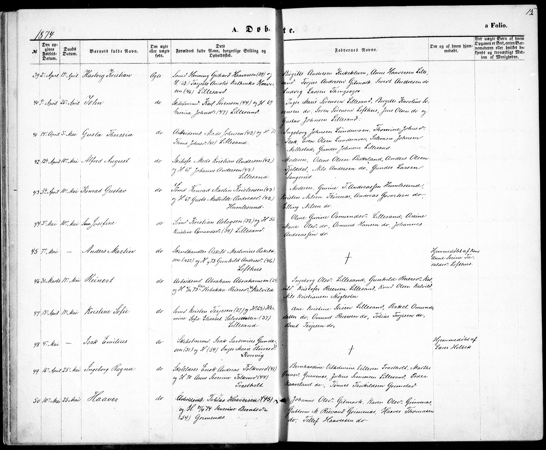 Vestre Moland sokneprestkontor, AV/SAK-1111-0046/F/Fb/Fbb/L0005: Parish register (copy) no. B 5, 1872-1883, p. 15