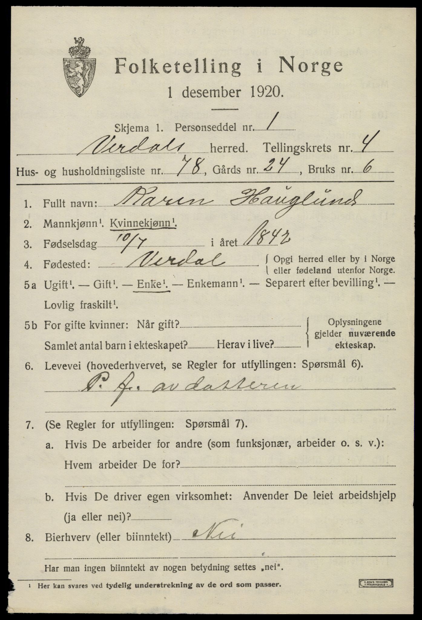 SAT, 1920 census for Verdal, 1920, p. 8569