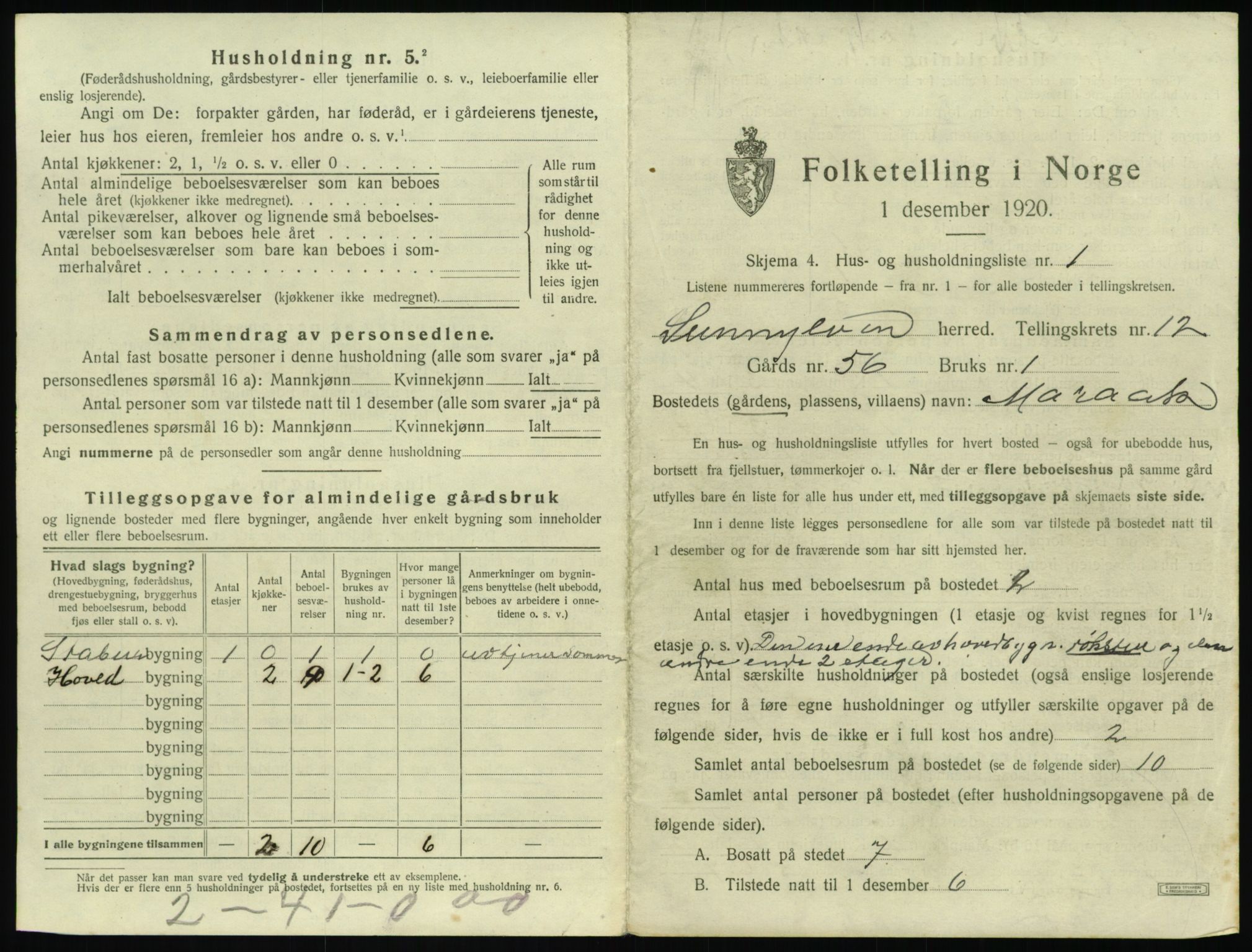 SAT, 1920 census for Sunnylven, 1920, p. 494