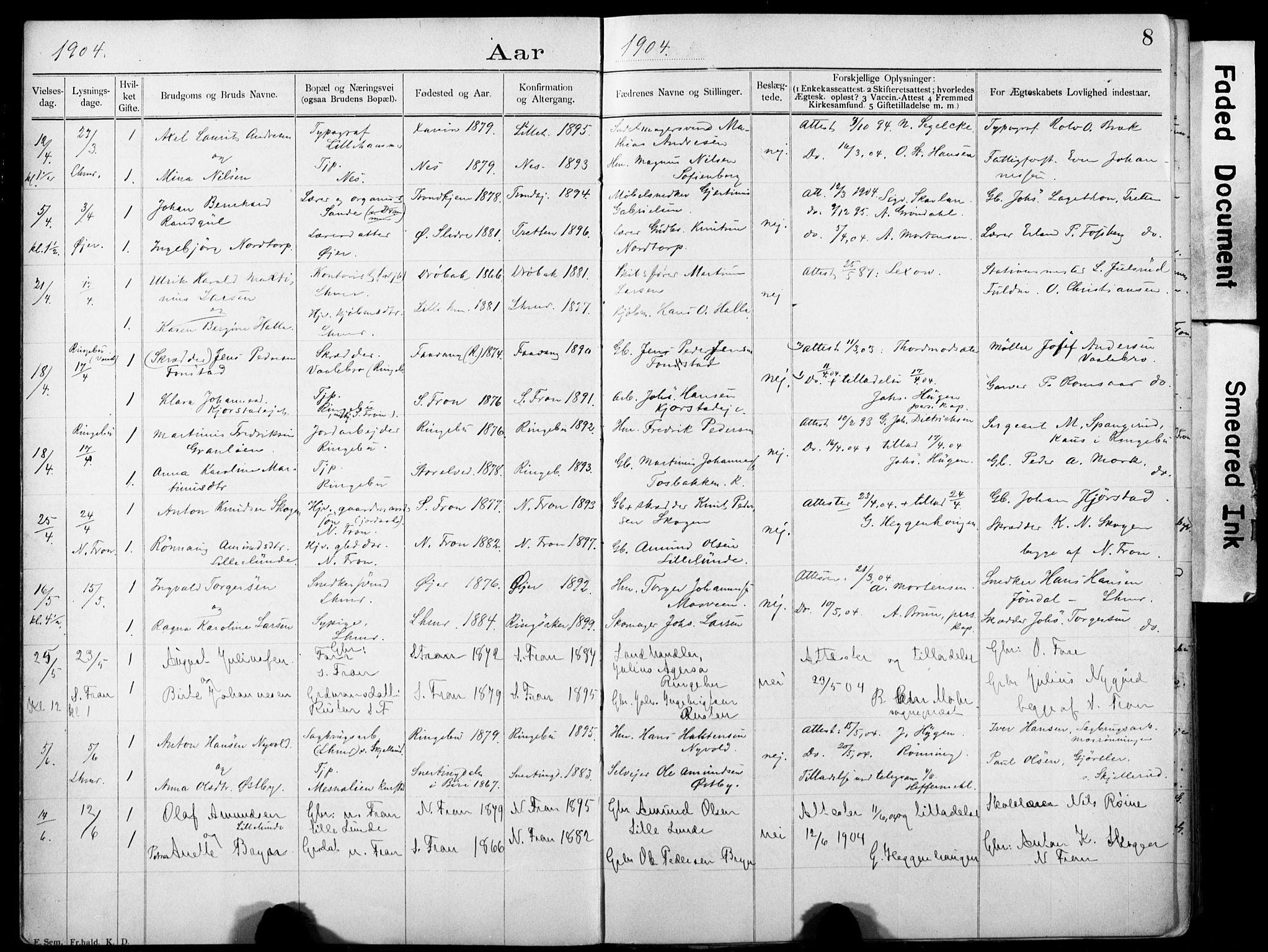Lillehammer prestekontor, AV/SAH-PREST-088/I/Ie: Banns register no. 1, 1903-1932, p. 8