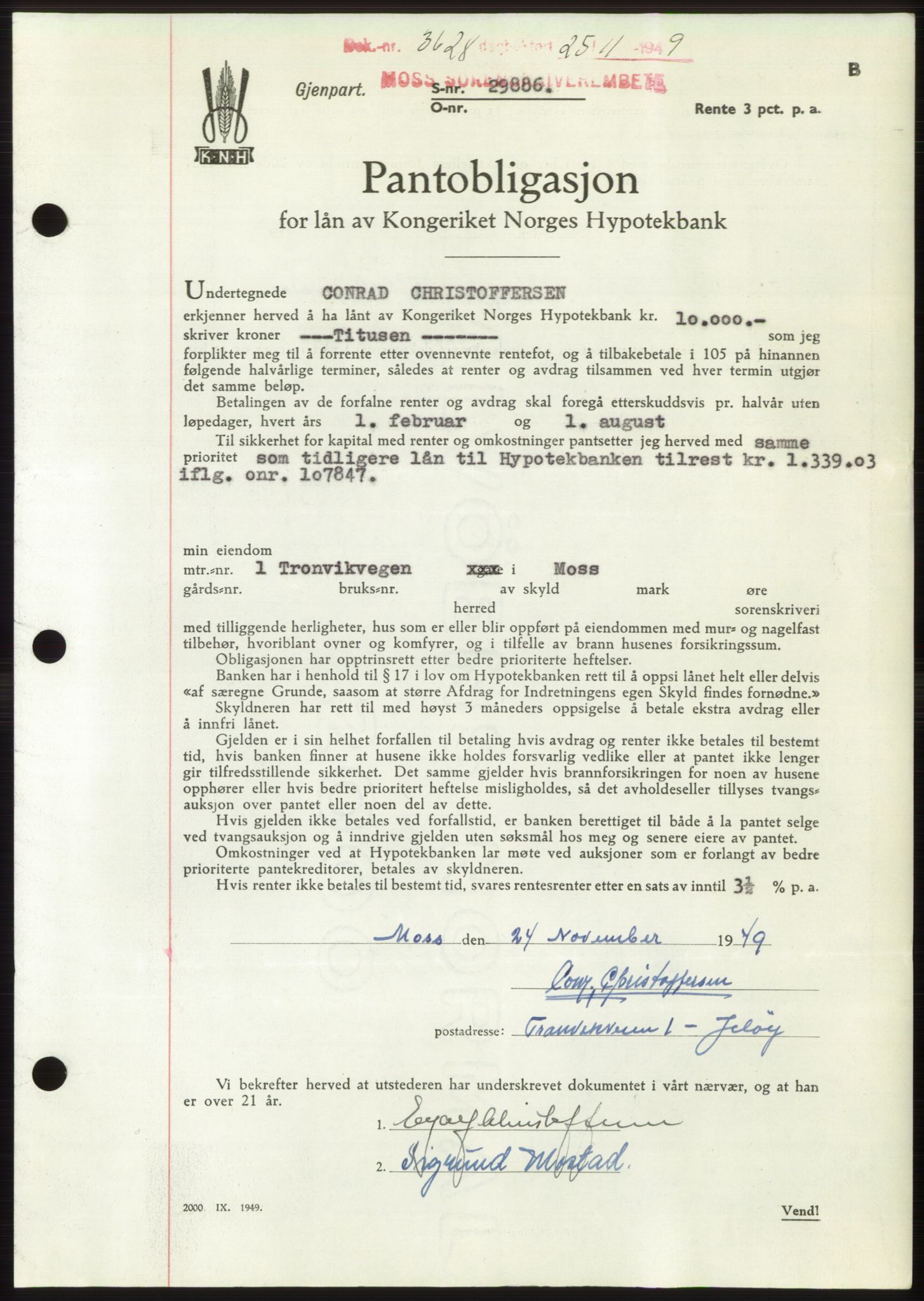 Moss sorenskriveri, SAO/A-10168: Mortgage book no. B23, 1949-1950, Diary no: : 3628/1949