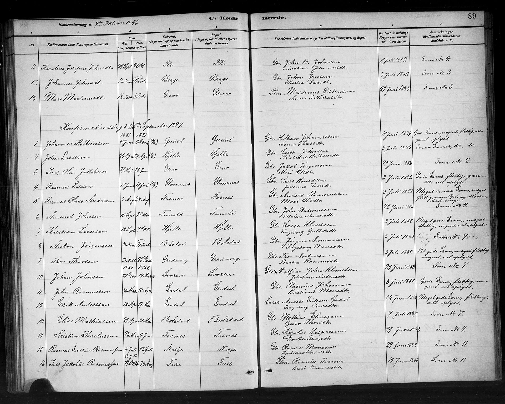 Stryn Sokneprestembete, AV/SAB-A-82501: Parish register (copy) no. C 3, 1881-1905, p. 89