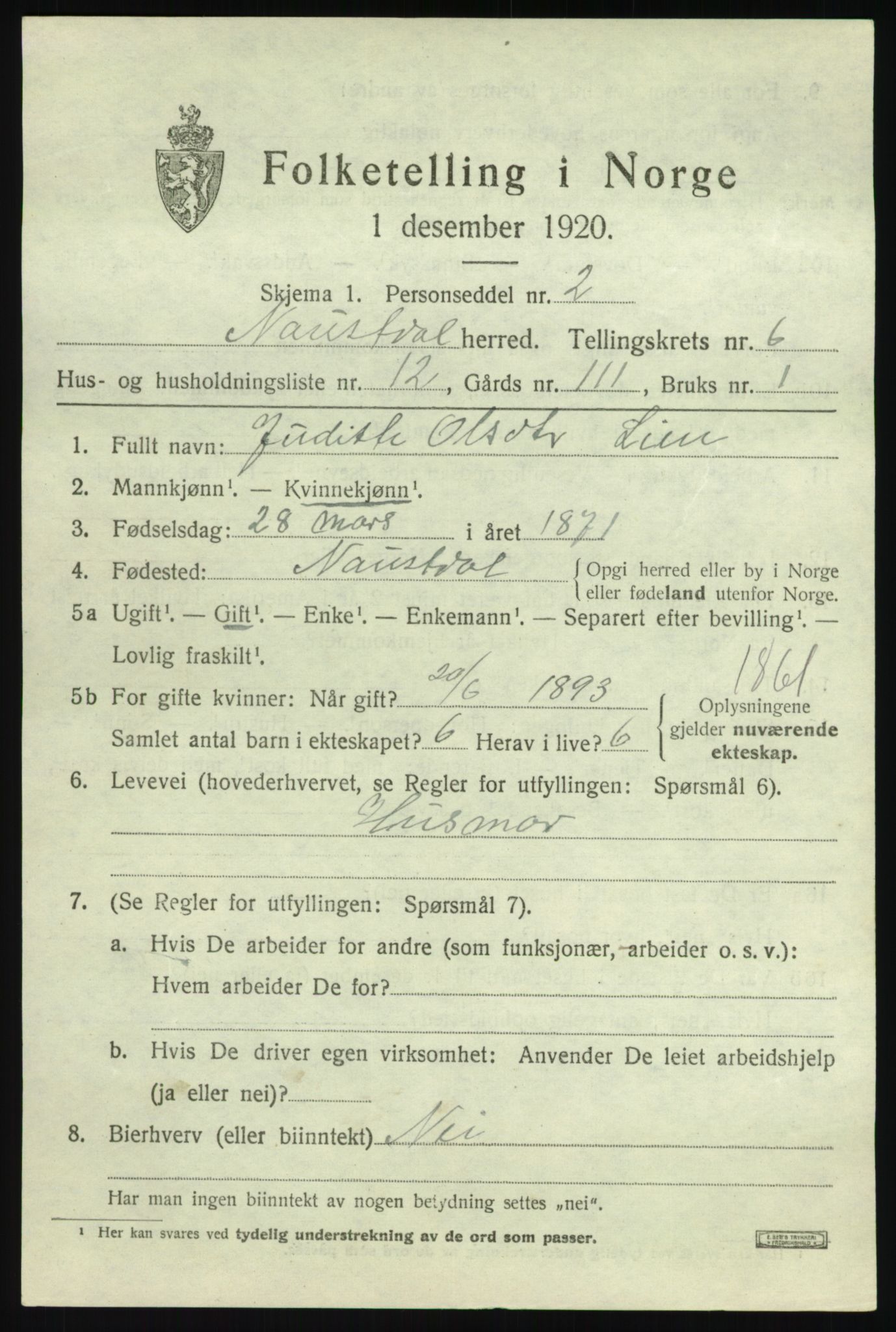 SAB, 1920 census for Naustdal, 1920, p. 3809