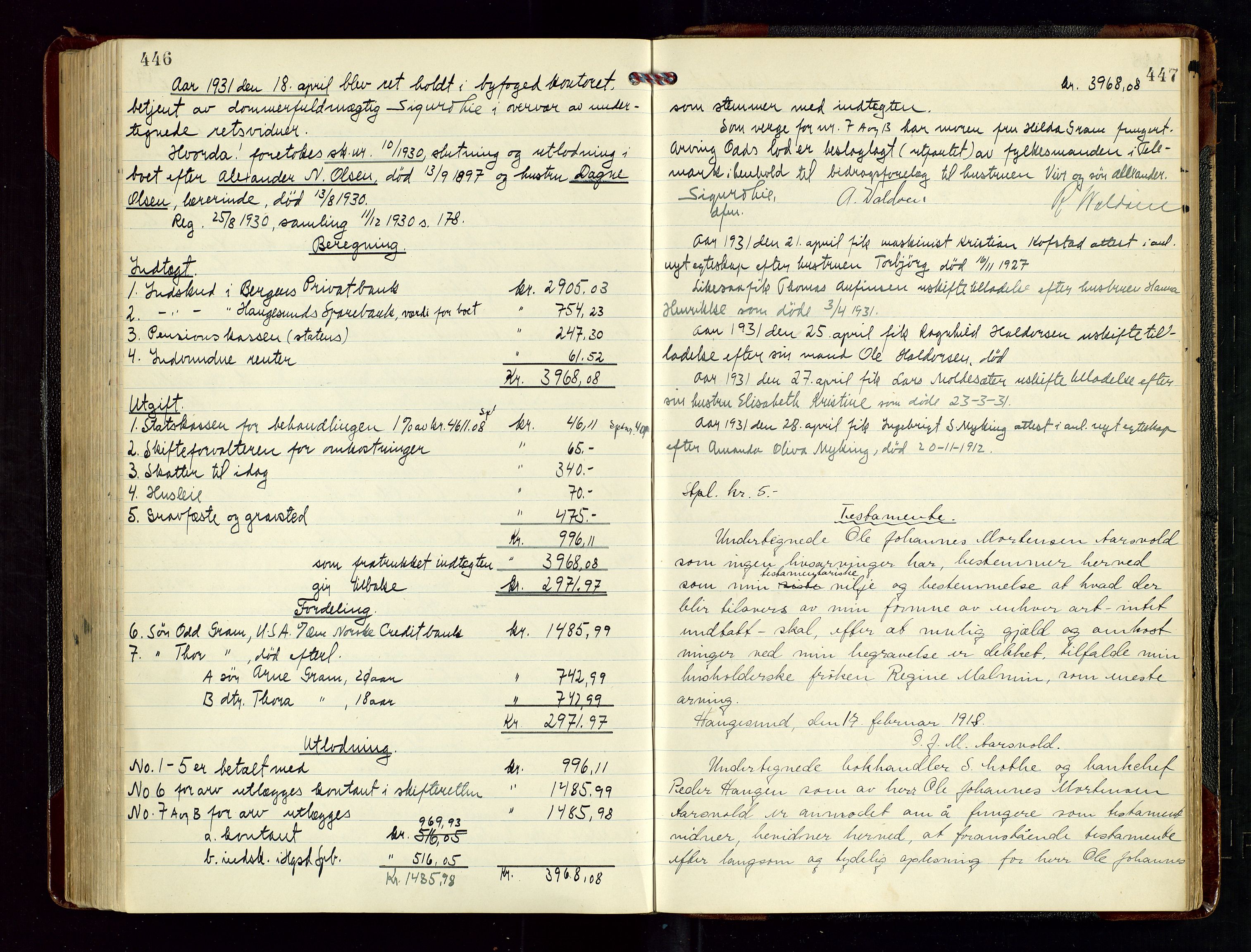 Haugesund tingrett, AV/SAST-A-101415/01/IV/IVD/L0004: Skifteutlodningsprotokoll, med register, 1924-1931, p. 446-447