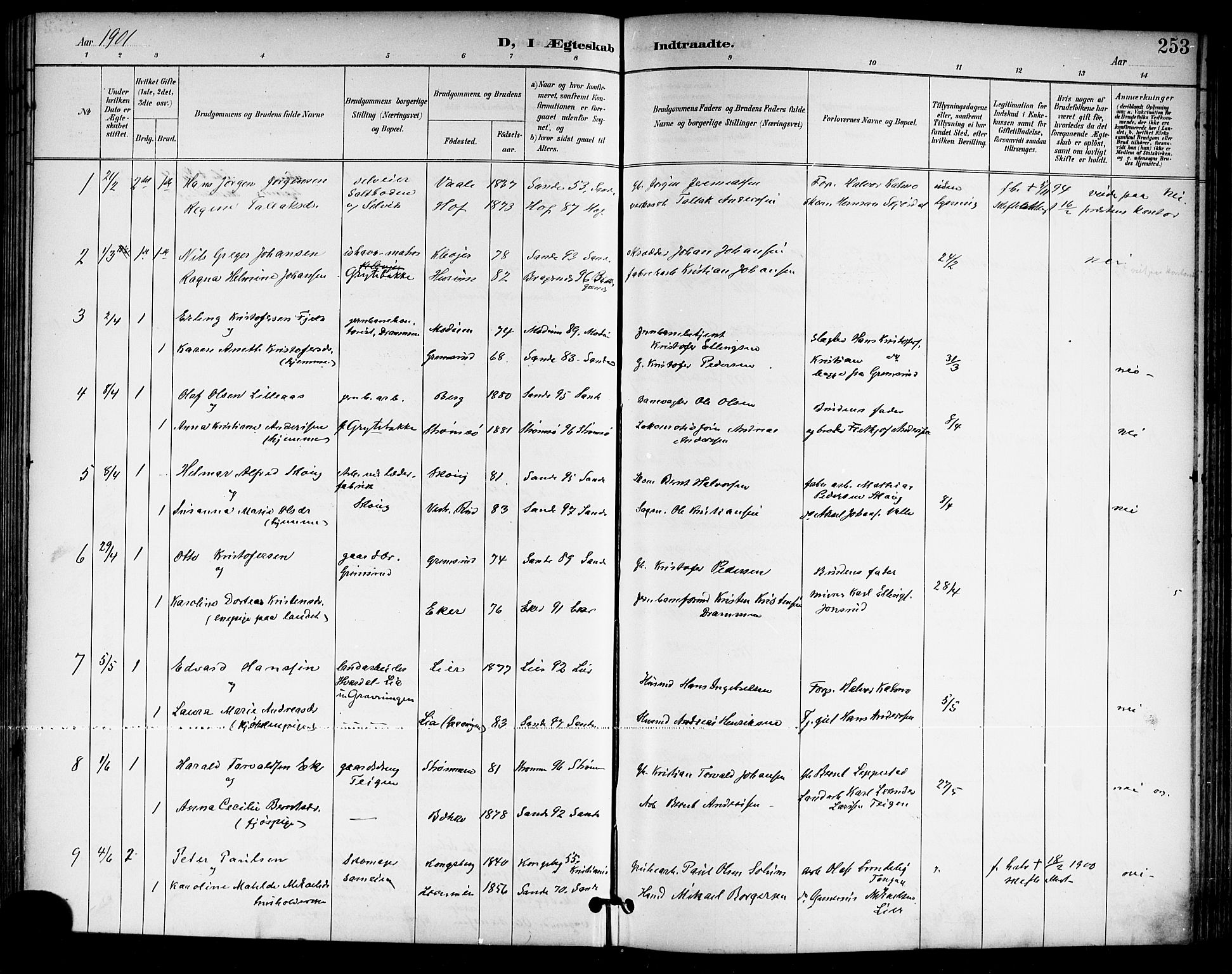 Sande Kirkebøker, SAKO/A-53/G/Ga/L0004: Parish register (copy) no. 4, 1895-1918, p. 253