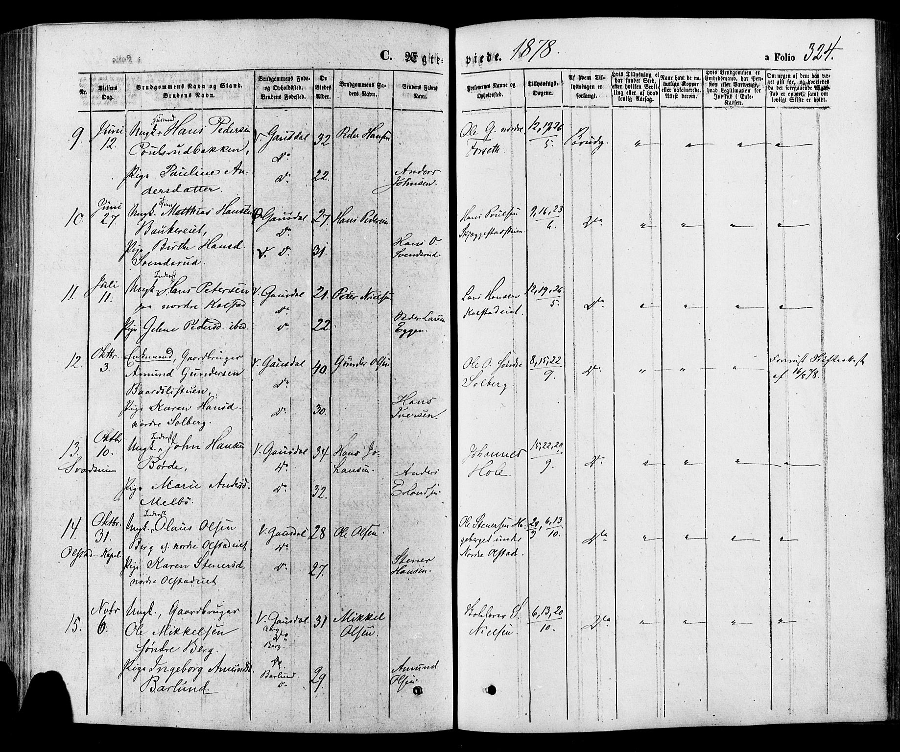 Gausdal prestekontor, SAH/PREST-090/H/Ha/Haa/L0010: Parish register (official) no. 10, 1867-1886, p. 324