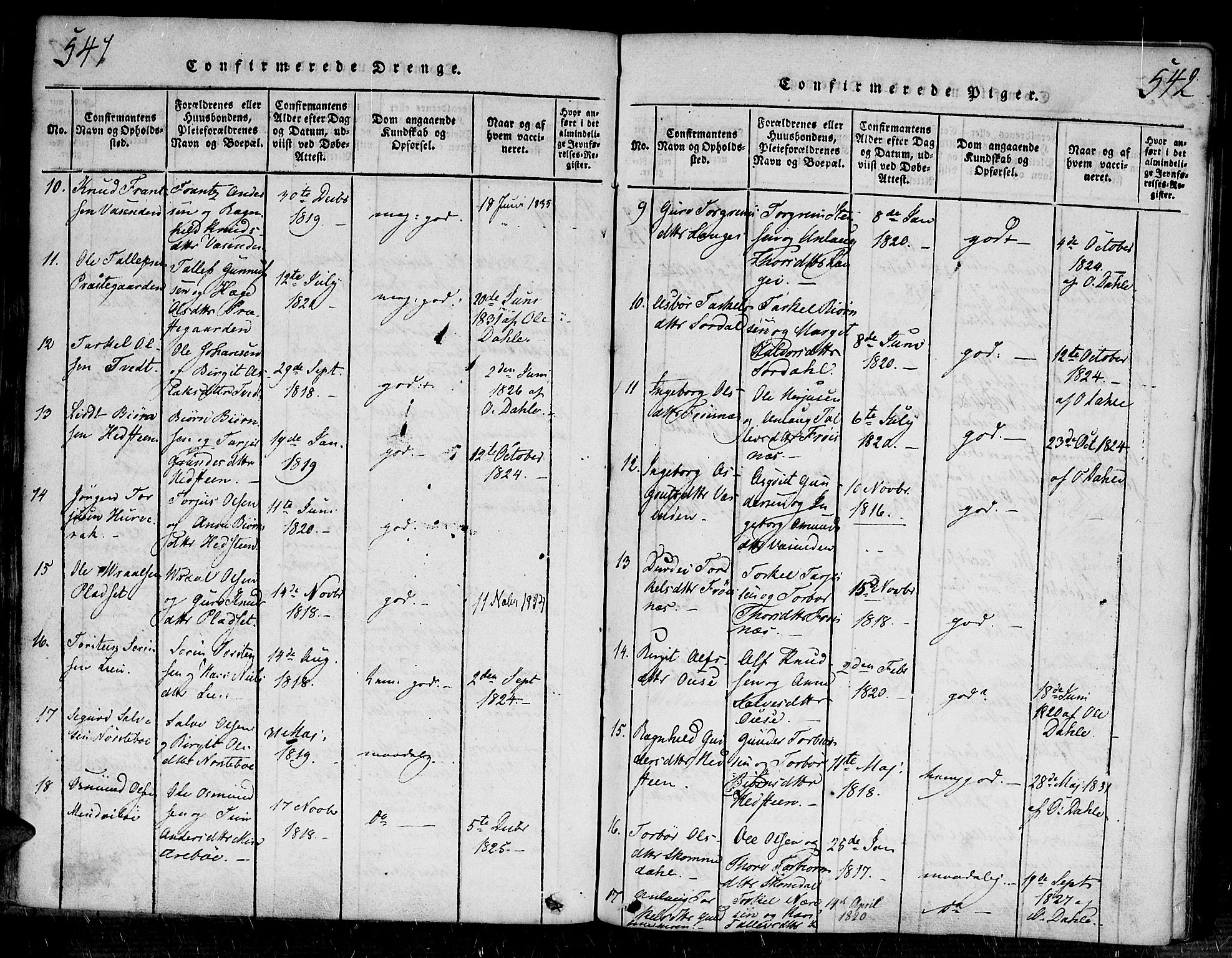 Bygland sokneprestkontor, SAK/1111-0006/F/Fa/Fab/L0003: Parish register (official) no. A 3, 1816-1841, p. 541-542