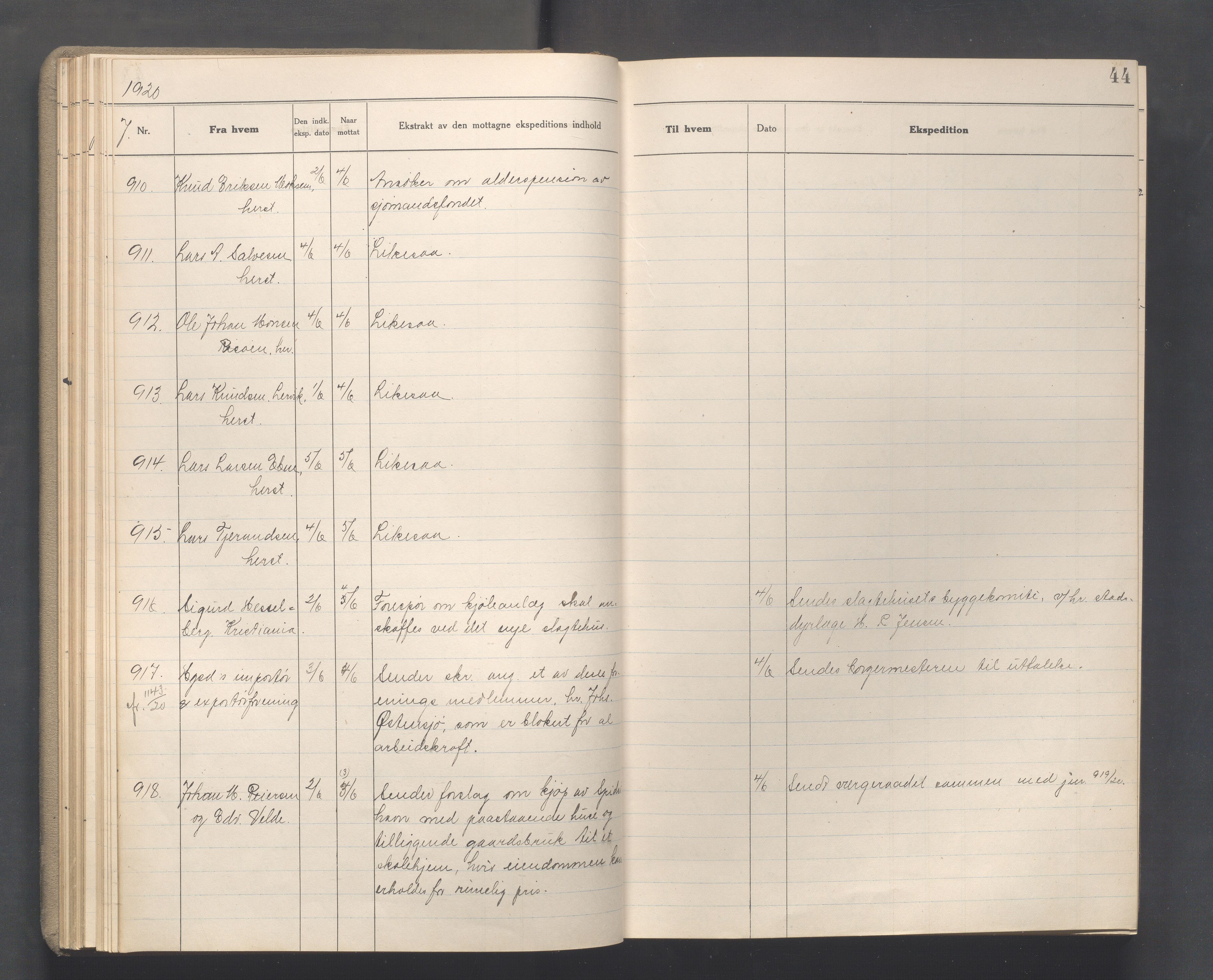 Haugesund kommune - Formannskapet, IKAR/X-0001/C/L0010: Journal, 1920-1921, p. 44