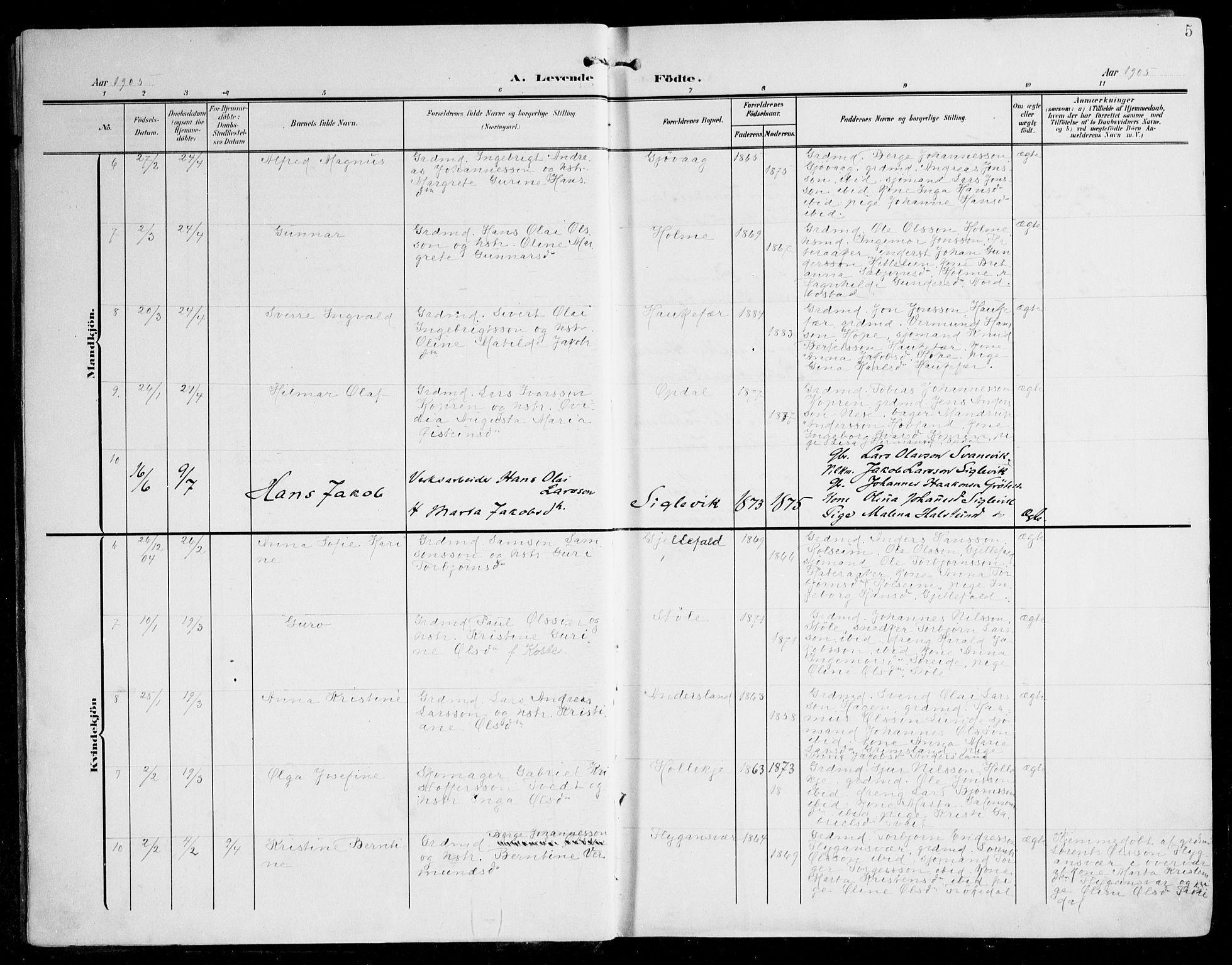 Tysnes sokneprestembete, AV/SAB-A-78601/H/Haa: Parish register (official) no. D 2, 1905-1922, p. 5