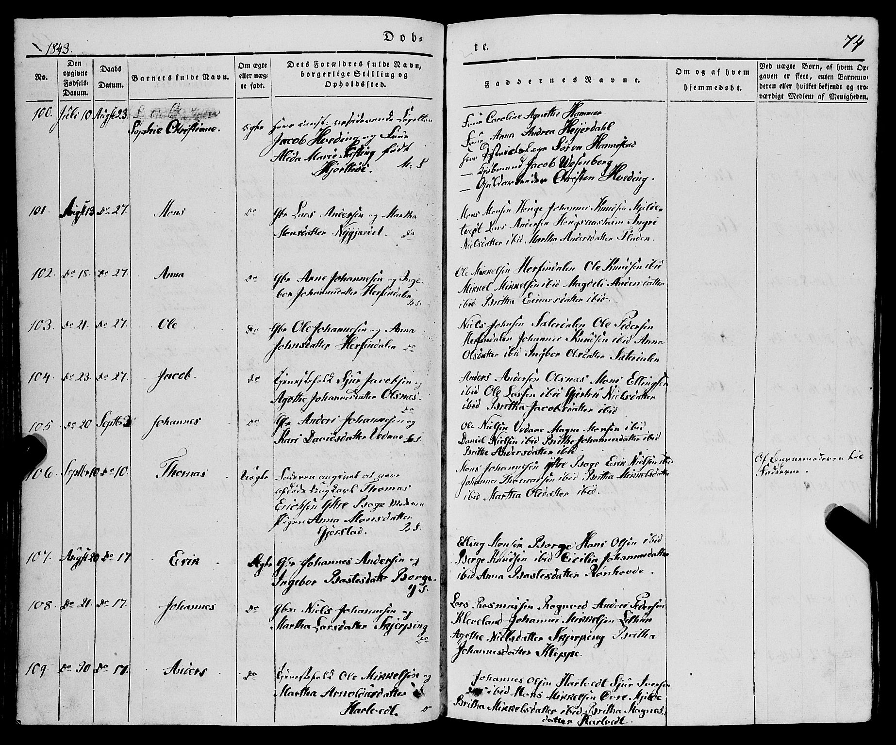 Haus sokneprestembete, AV/SAB-A-75601/H/Haa: Parish register (official) no. A 15, 1838-1847, p. 74