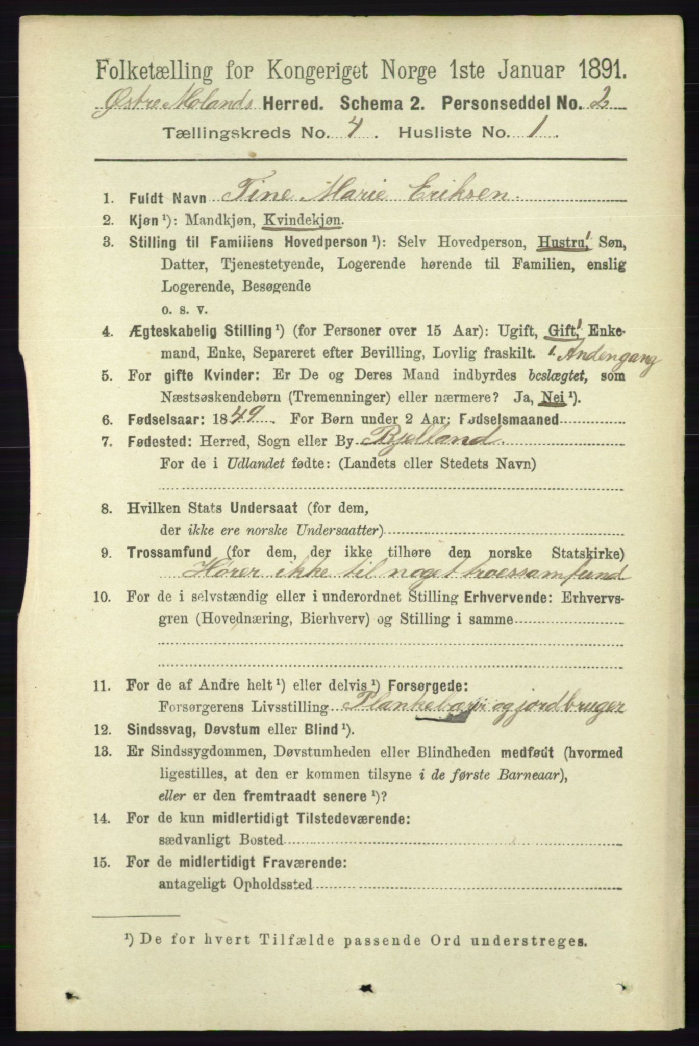 RA, 1891 census for 0918 Austre Moland, 1891, p. 2083