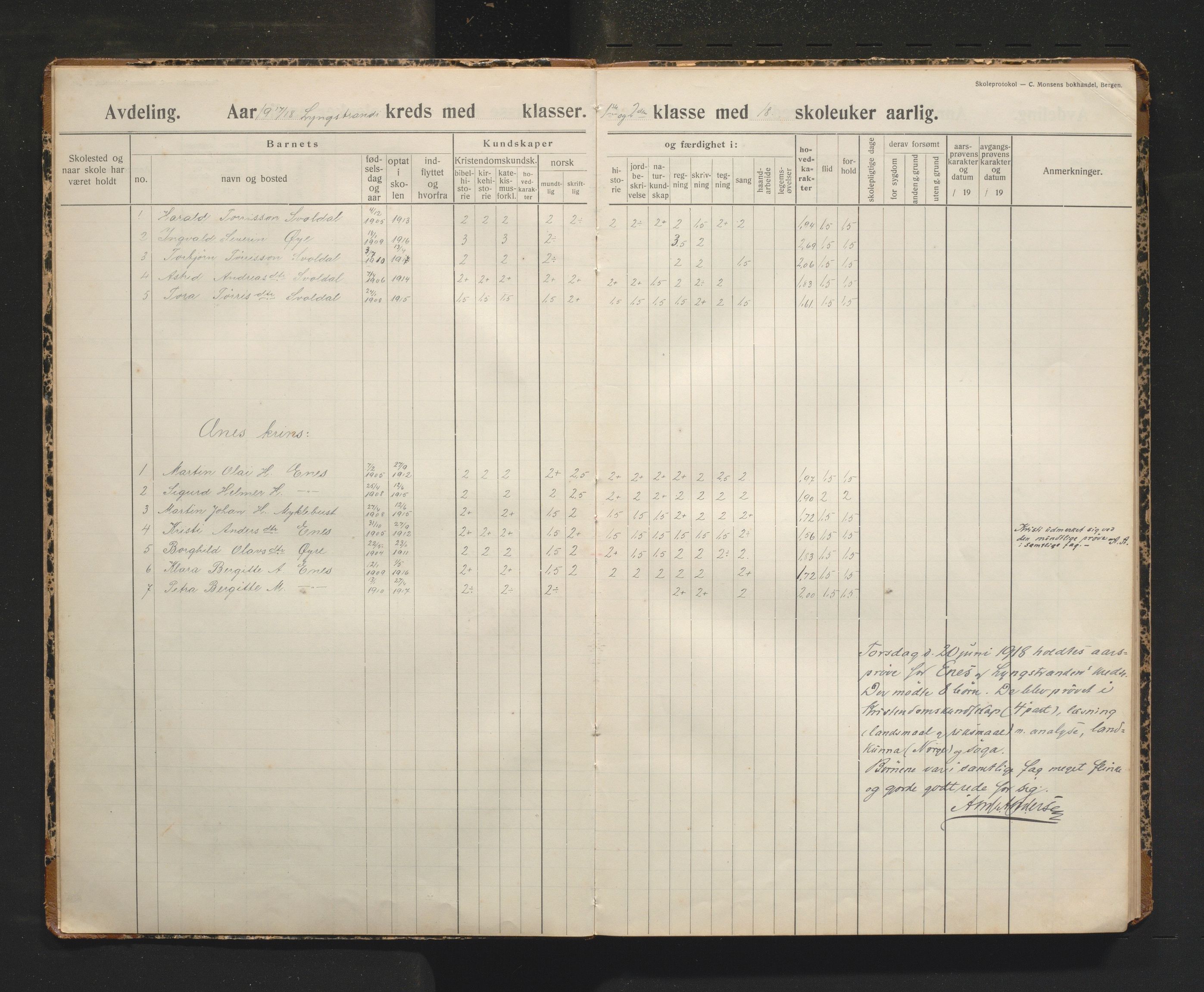 Kvinnherad kommune. Barneskulane, IKAH/1224-231/F/Fd/L0008: Skuleprotokoll for Lyngstranda og Ænes krinsar, 1916-1970