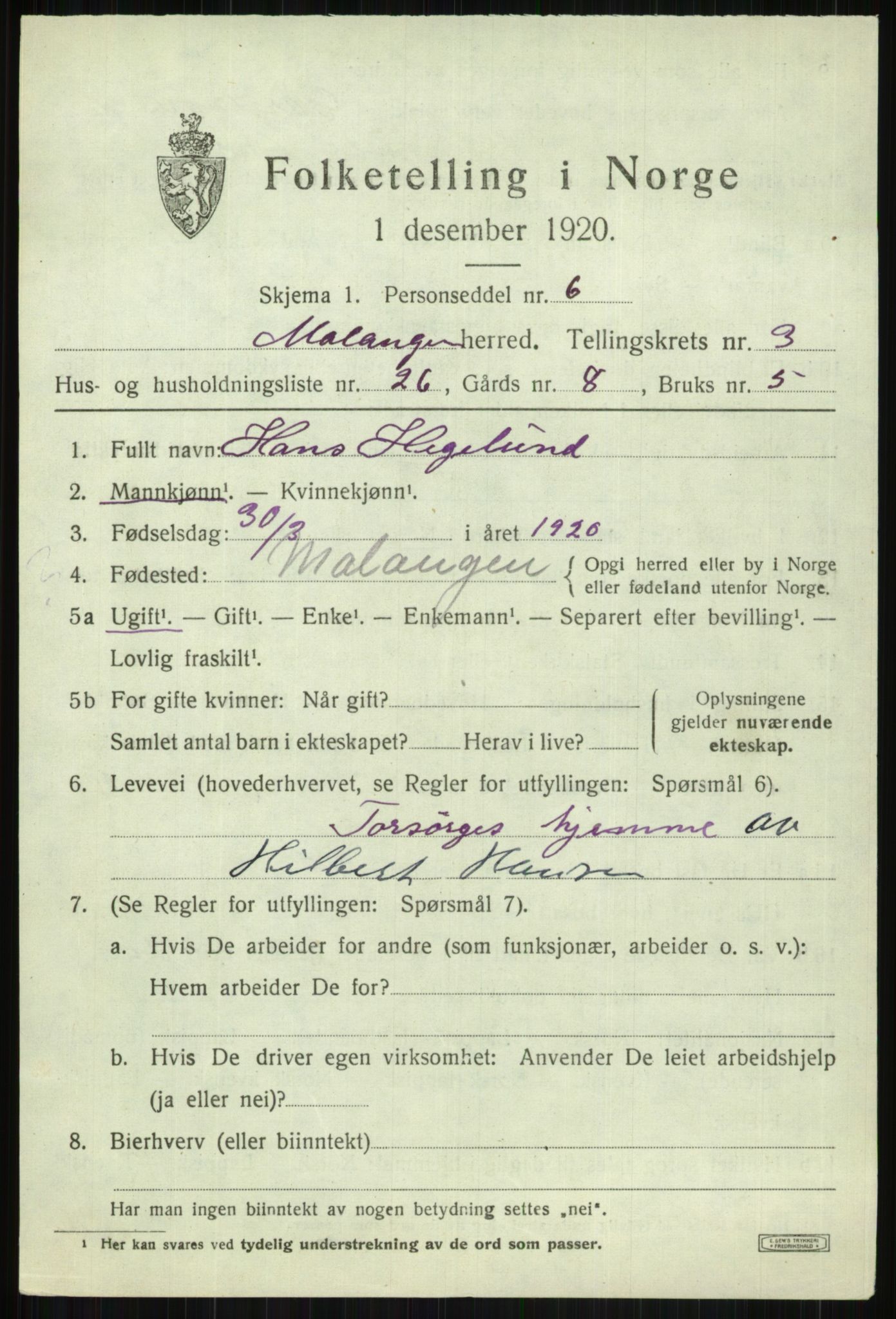 SATØ, 1920 census for Malangen, 1920, p. 1583