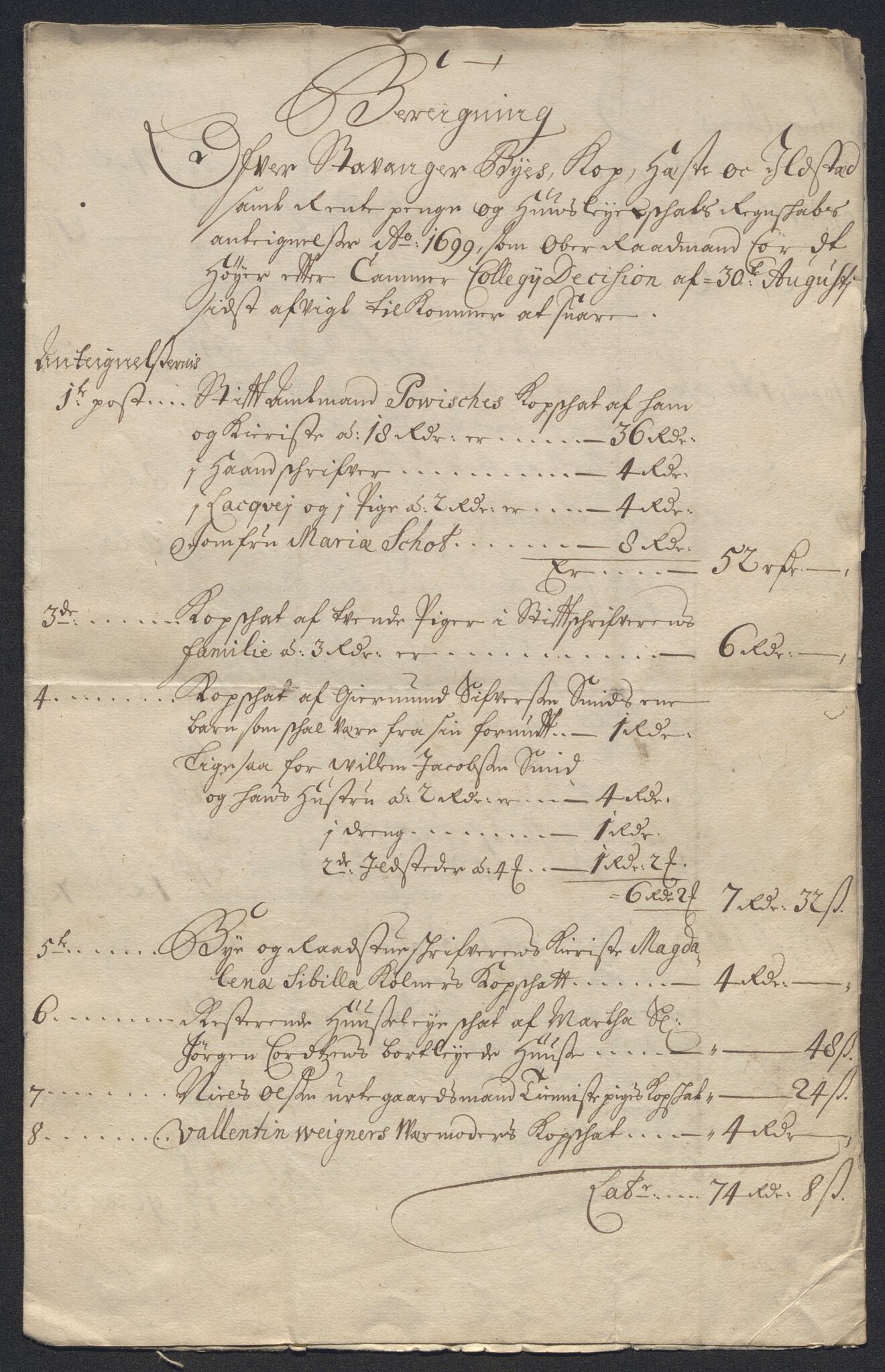 Rentekammeret inntil 1814, Reviderte regnskaper, Byregnskaper, AV/RA-EA-4066/R/Ro/L0302: [O4] Kontribusjonsregnskap, 1687-1711, p. 242