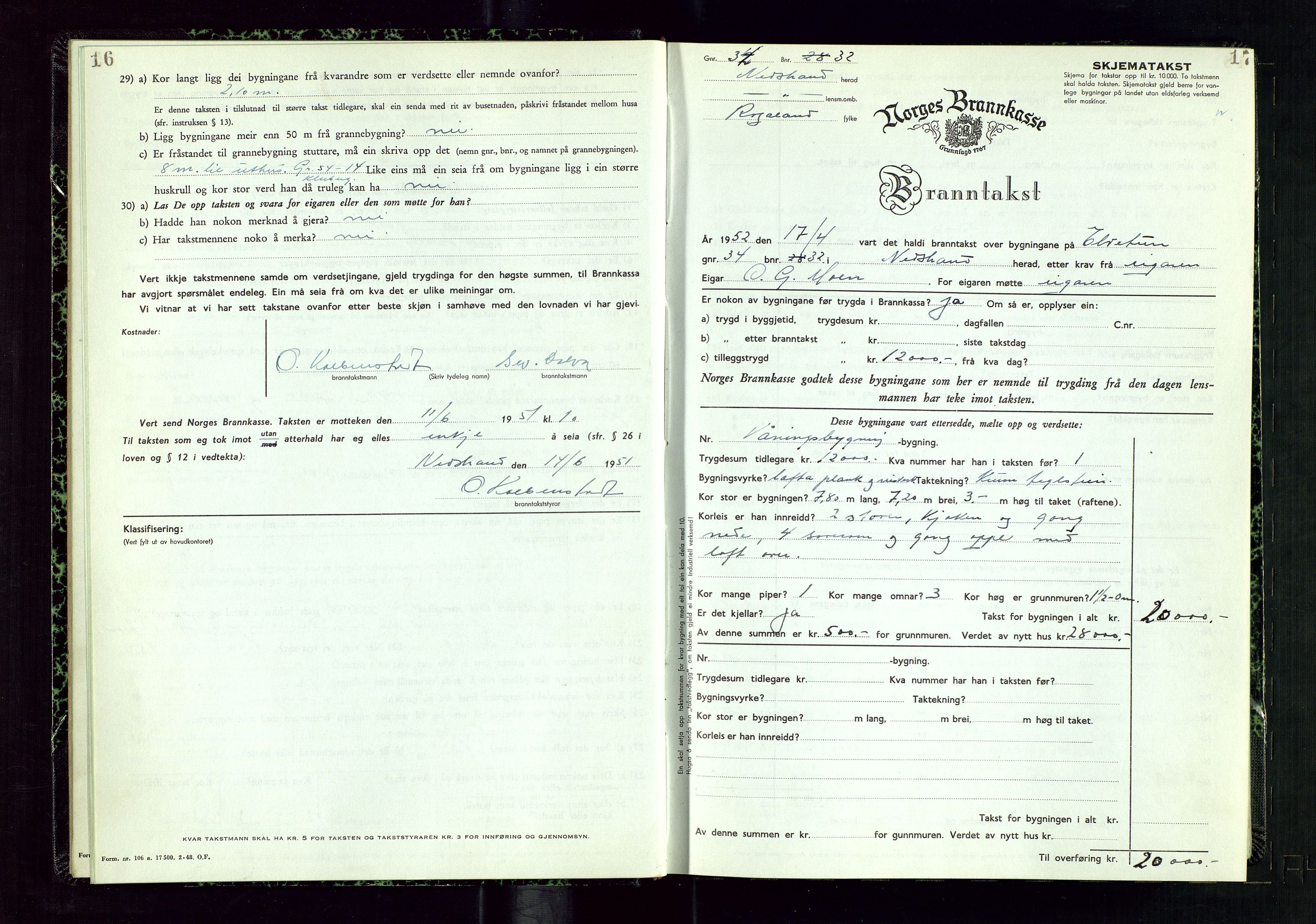 Nedstrand lensmannskontor, SAST/A-100236/Gob/L0003: "Branntakstprotokoll", 1950-1954, p. 16-17