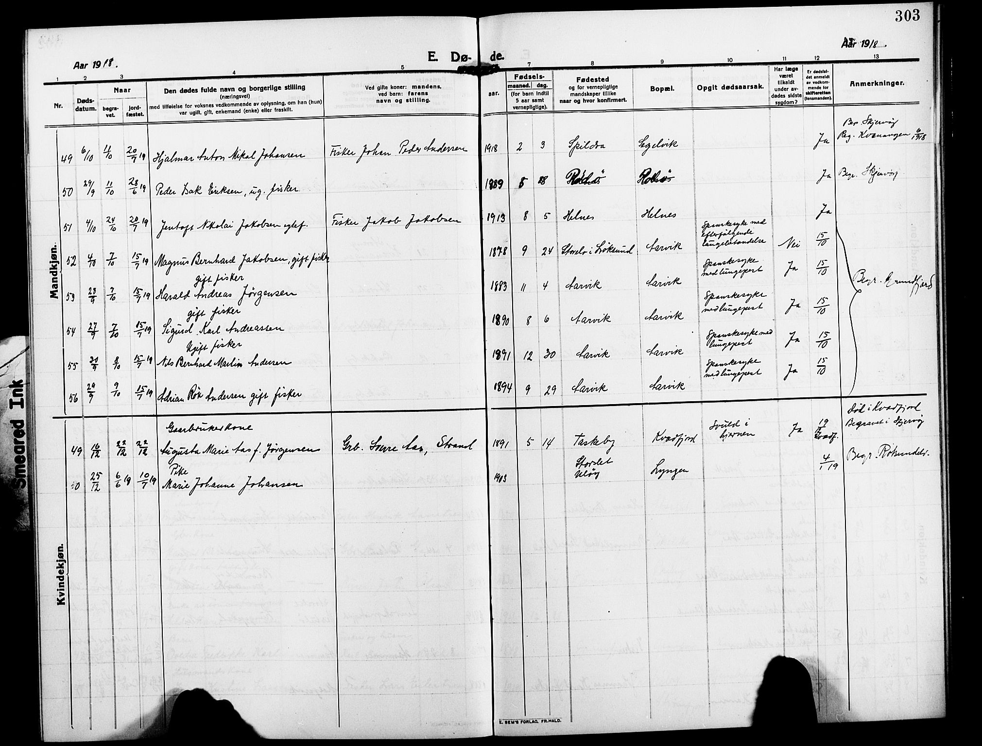 Skjervøy sokneprestkontor, AV/SATØ-S-1300/H/Ha/Hab/L0009klokker: Parish register (copy) no. 9, 1911-1926, p. 303