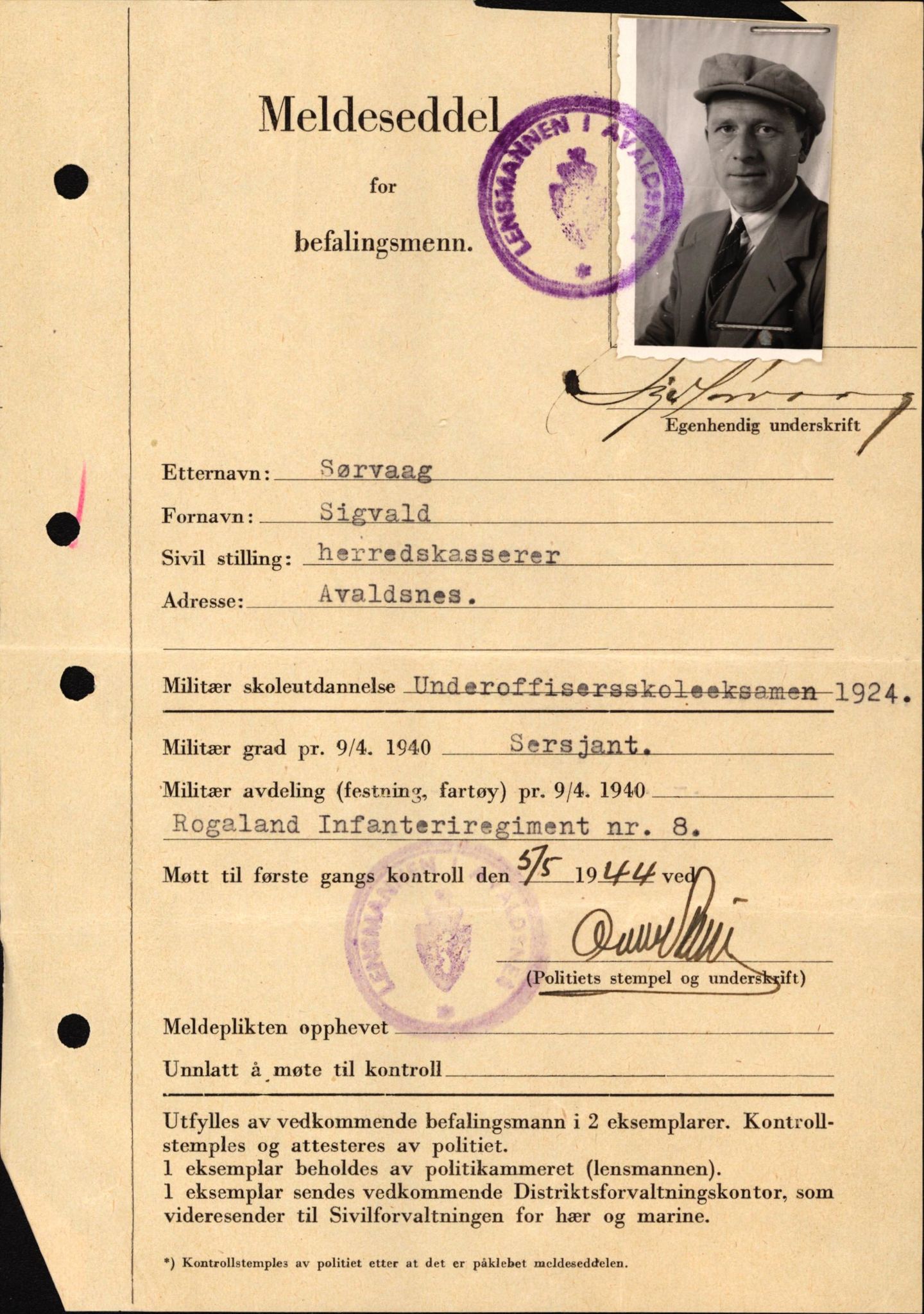 Forsvaret, Forsvarets krigshistoriske avdeling, AV/RA-RAFA-2017/Y/Yf/L0209: II-C-11-2121  -  Okkupasjonstiden.  Meldesedler for befal med foto og oppl. om militær grad 9. apr. 1940., 1944-1945, p. 1029