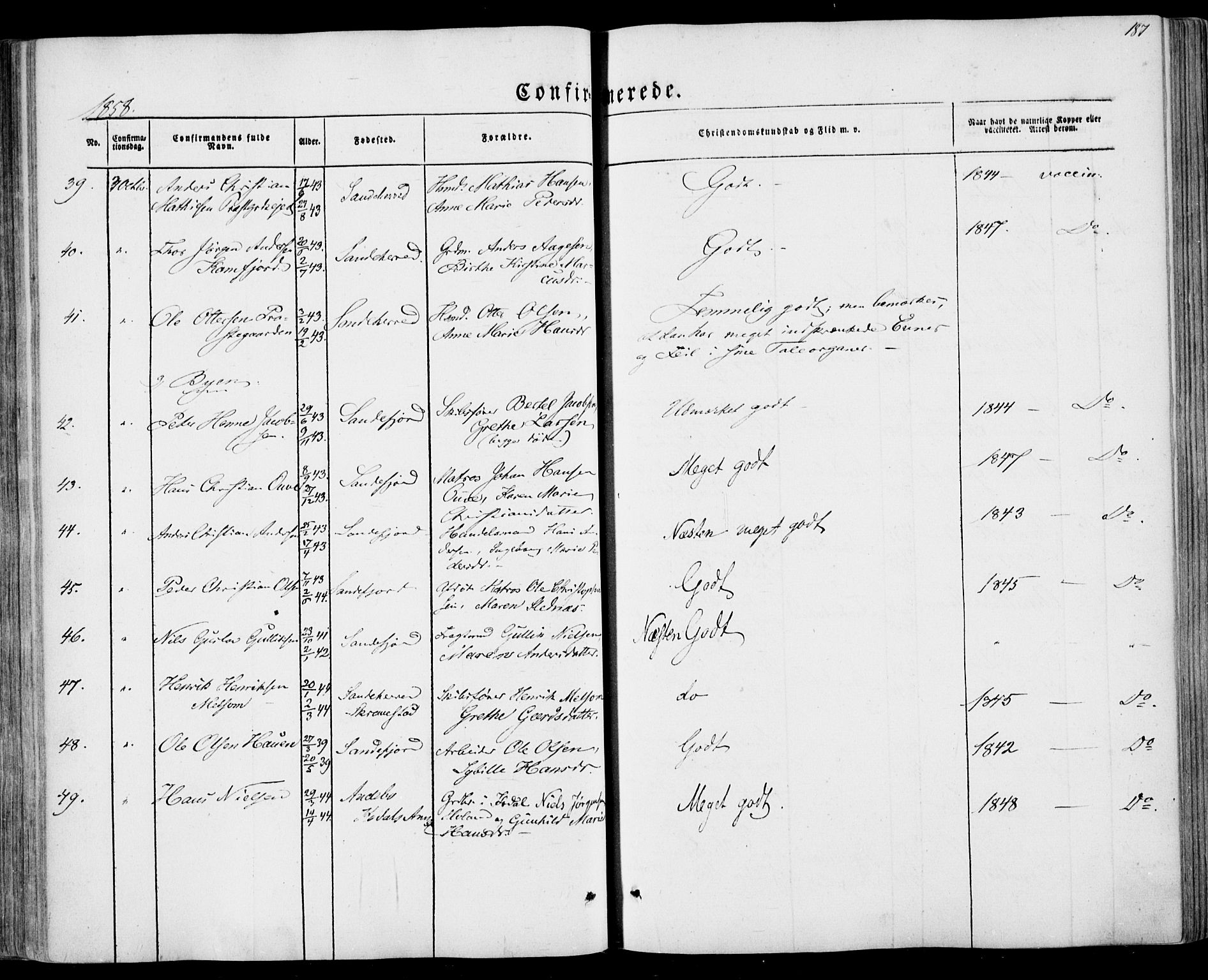 Sandar kirkebøker, SAKO/A-243/F/Fa/L0007: Parish register (official) no. 7, 1855-1861, p. 187