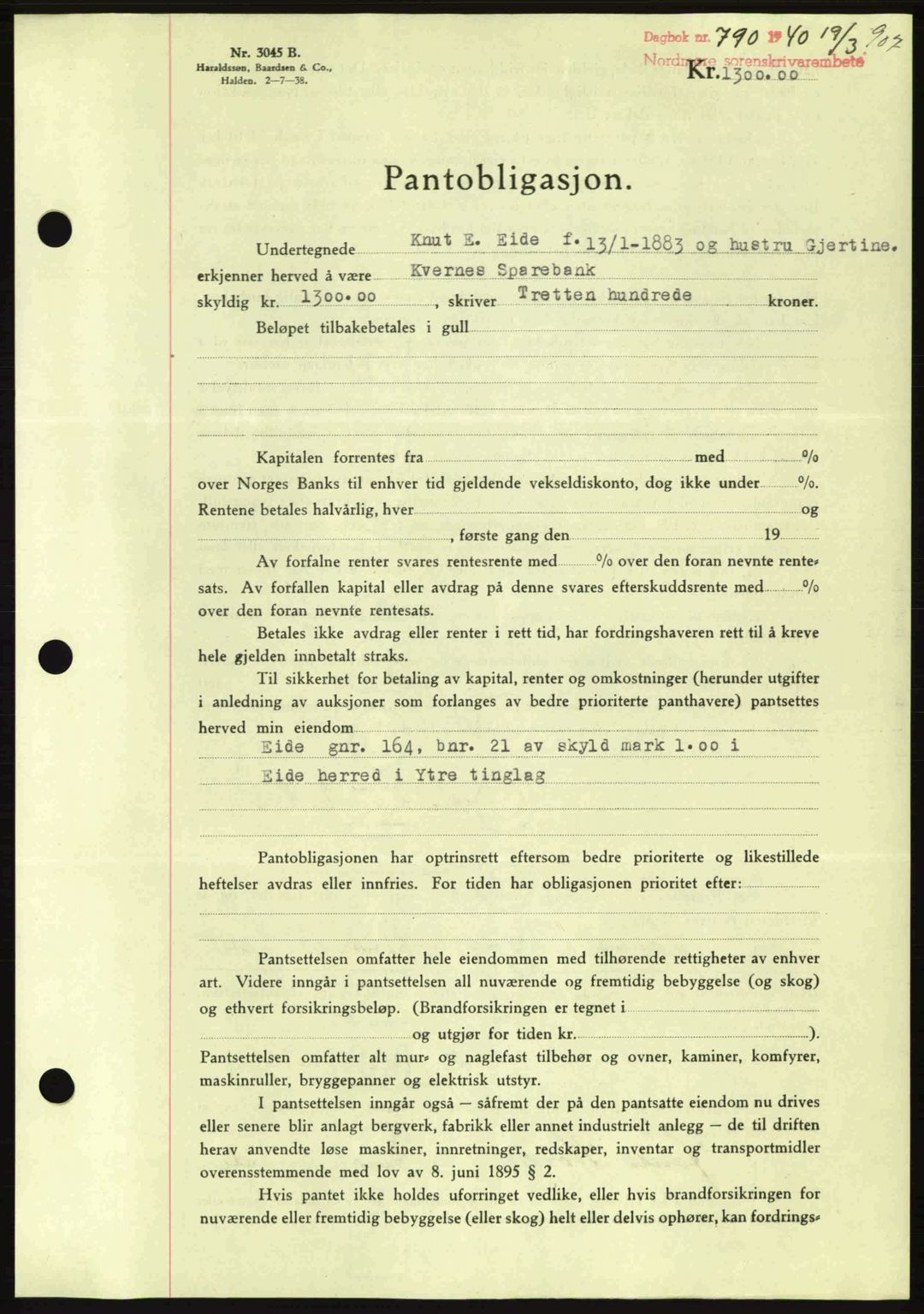 Nordmøre sorenskriveri, AV/SAT-A-4132/1/2/2Ca: Mortgage book no. B86, 1939-1940, Diary no: : 790/1940