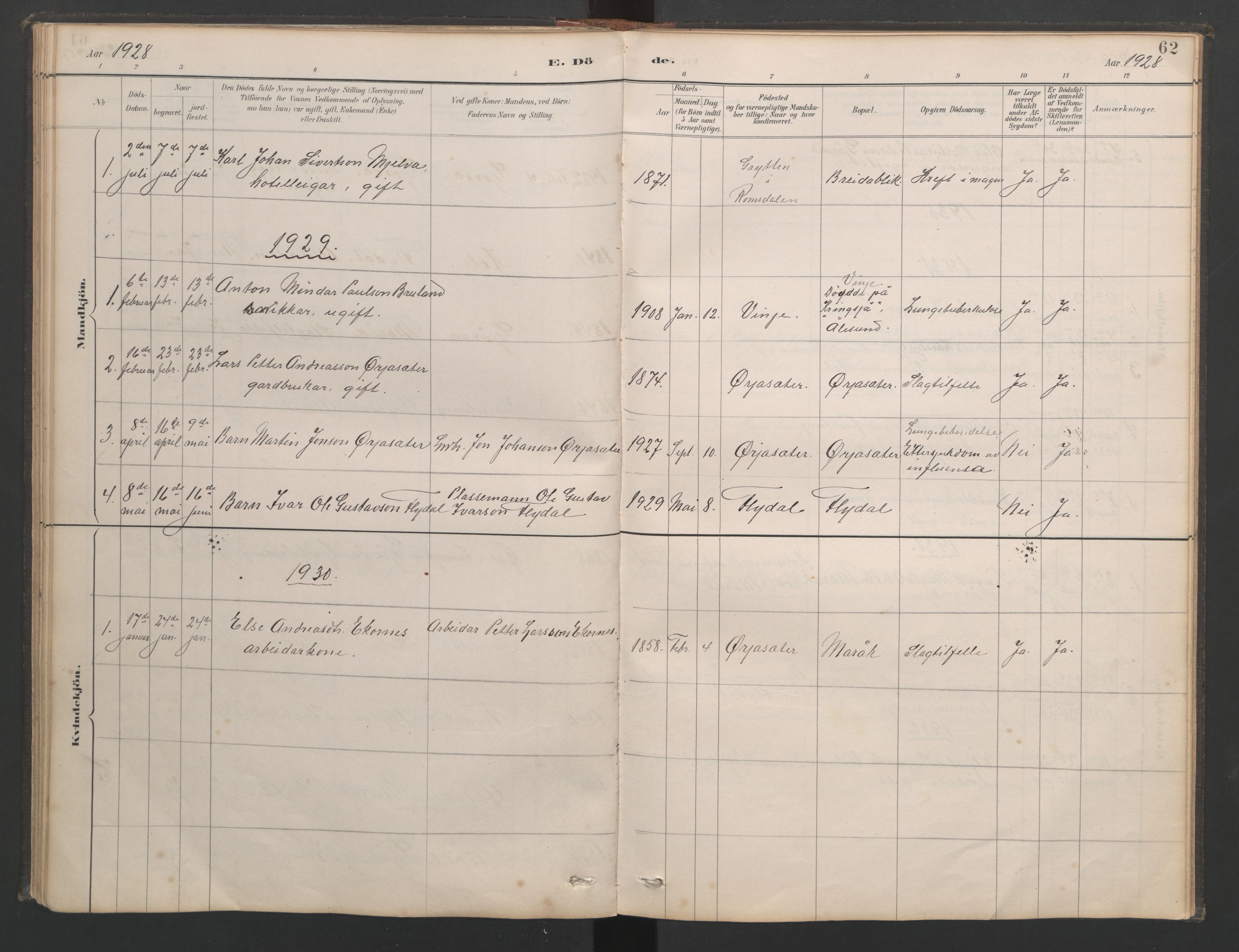 Ministerialprotokoller, klokkerbøker og fødselsregistre - Møre og Romsdal, AV/SAT-A-1454/518/L0237: Parish register (copy) no. 518C04, 1885-1963, p. 62