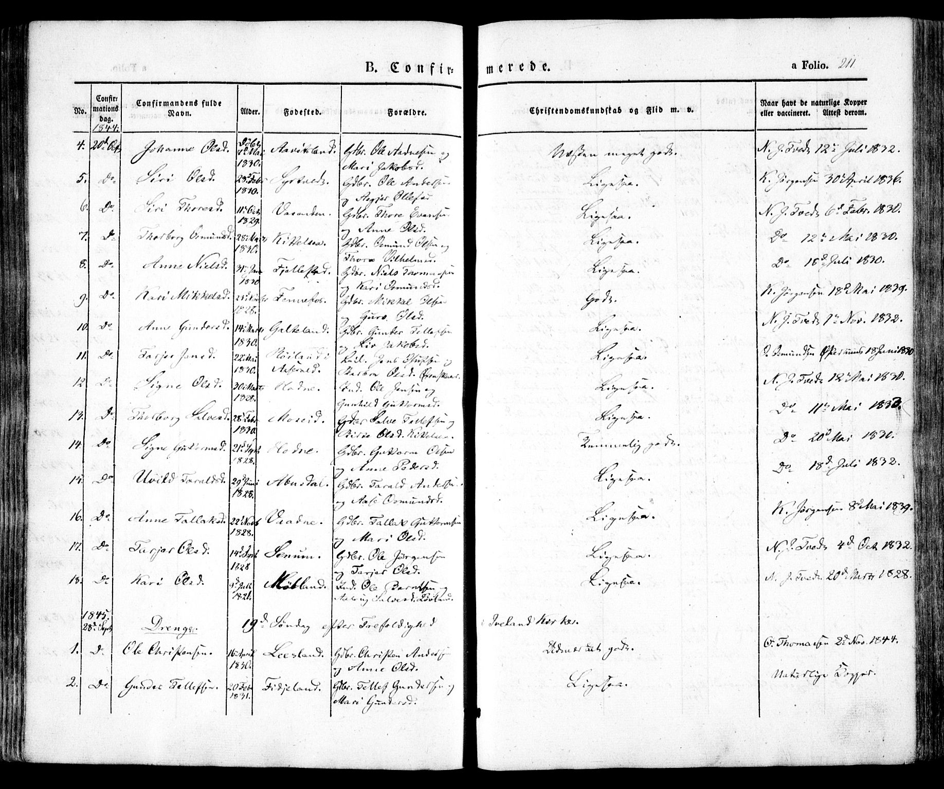 Evje sokneprestkontor, SAK/1111-0008/F/Fa/Faa/L0005: Parish register (official) no. A 5, 1843-1865, p. 211