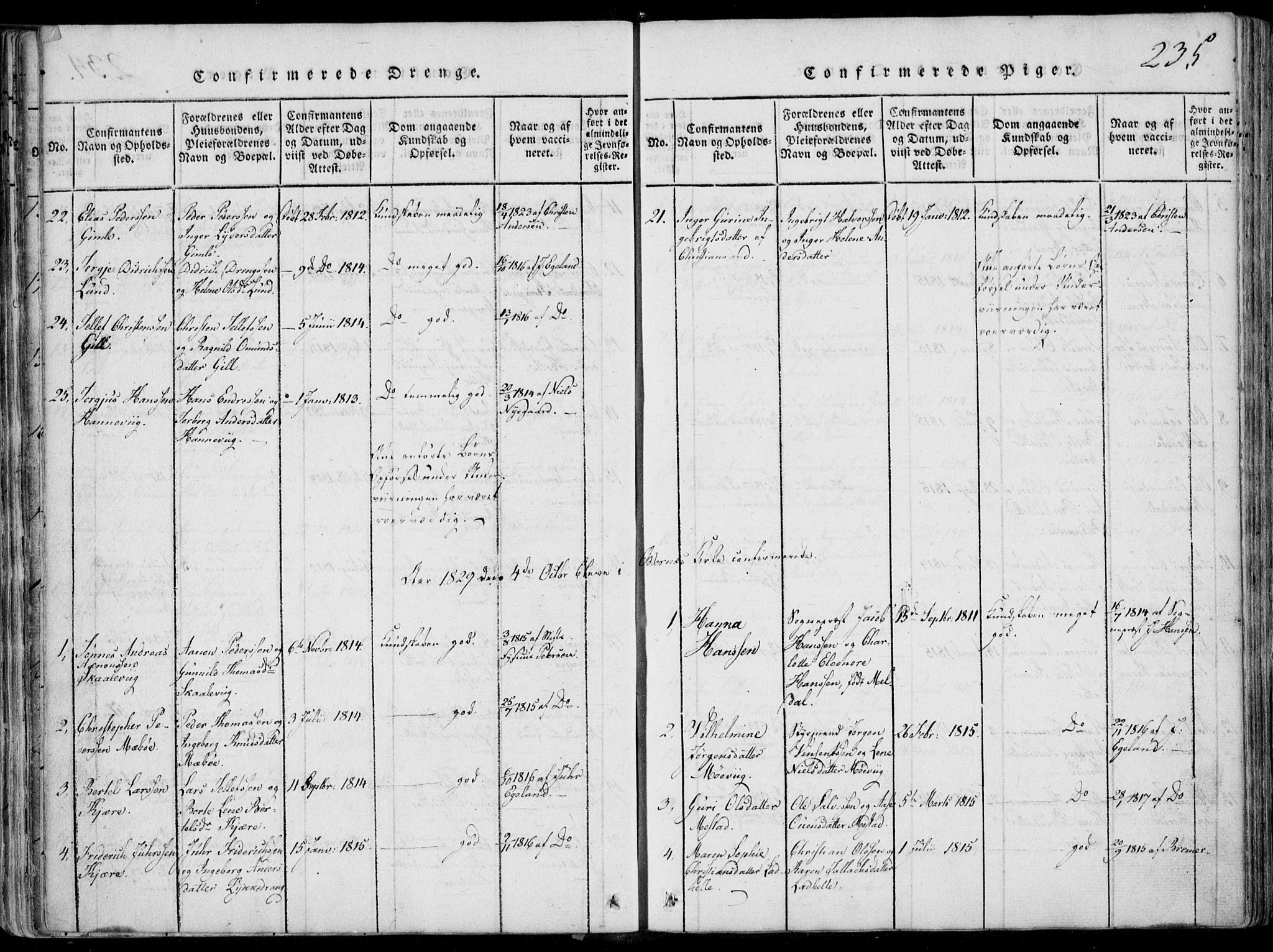 Oddernes sokneprestkontor, SAK/1111-0033/F/Fa/Faa/L0005: Parish register (official) no. A 5, 1820-1838, p. 235