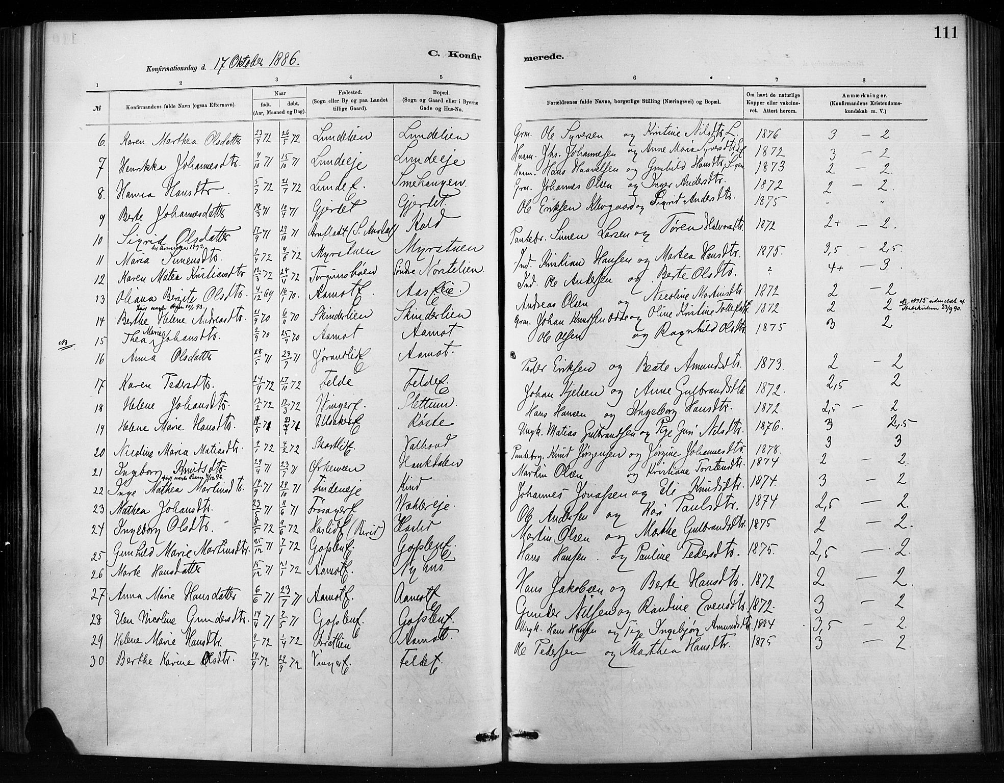 Nordre Land prestekontor, SAH/PREST-124/H/Ha/Haa/L0004: Parish register (official) no. 4, 1882-1896, p. 111