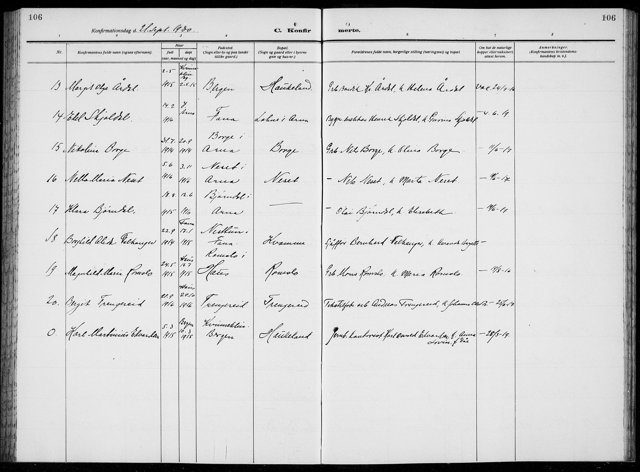 Arna sokneprestembete, AV/SAB-A-74001/H/Ha/Hab: Parish register (copy) no. A  6, 1922-1936, p. 106