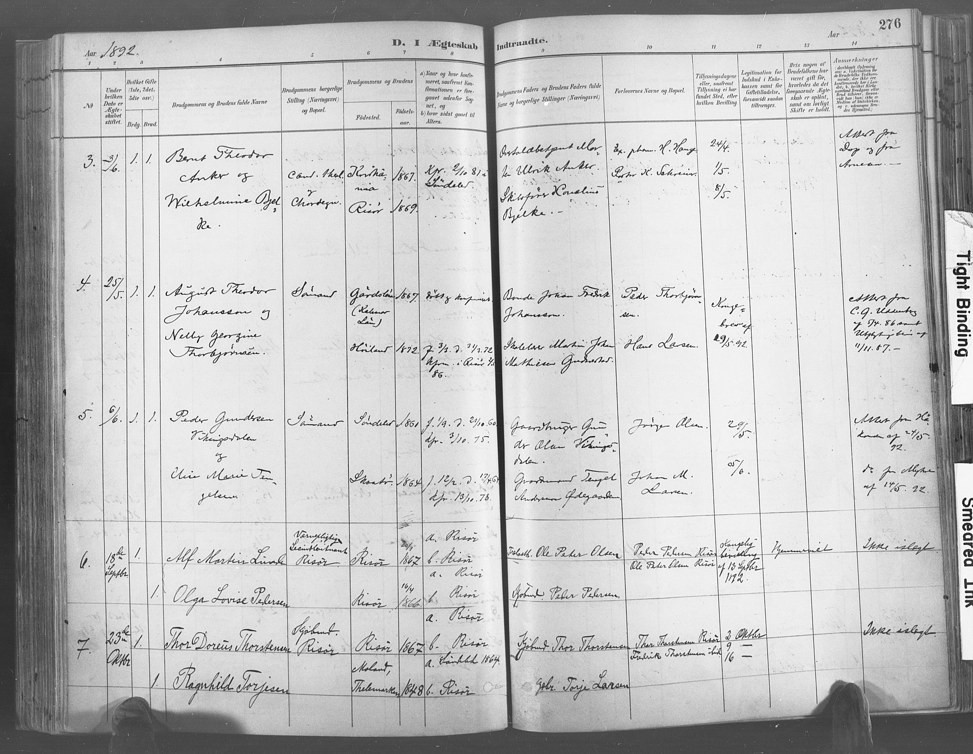 Risør sokneprestkontor, SAK/1111-0035/F/Fa/L0005: Parish register (official) no. A 5, 1883-1895, p. 276