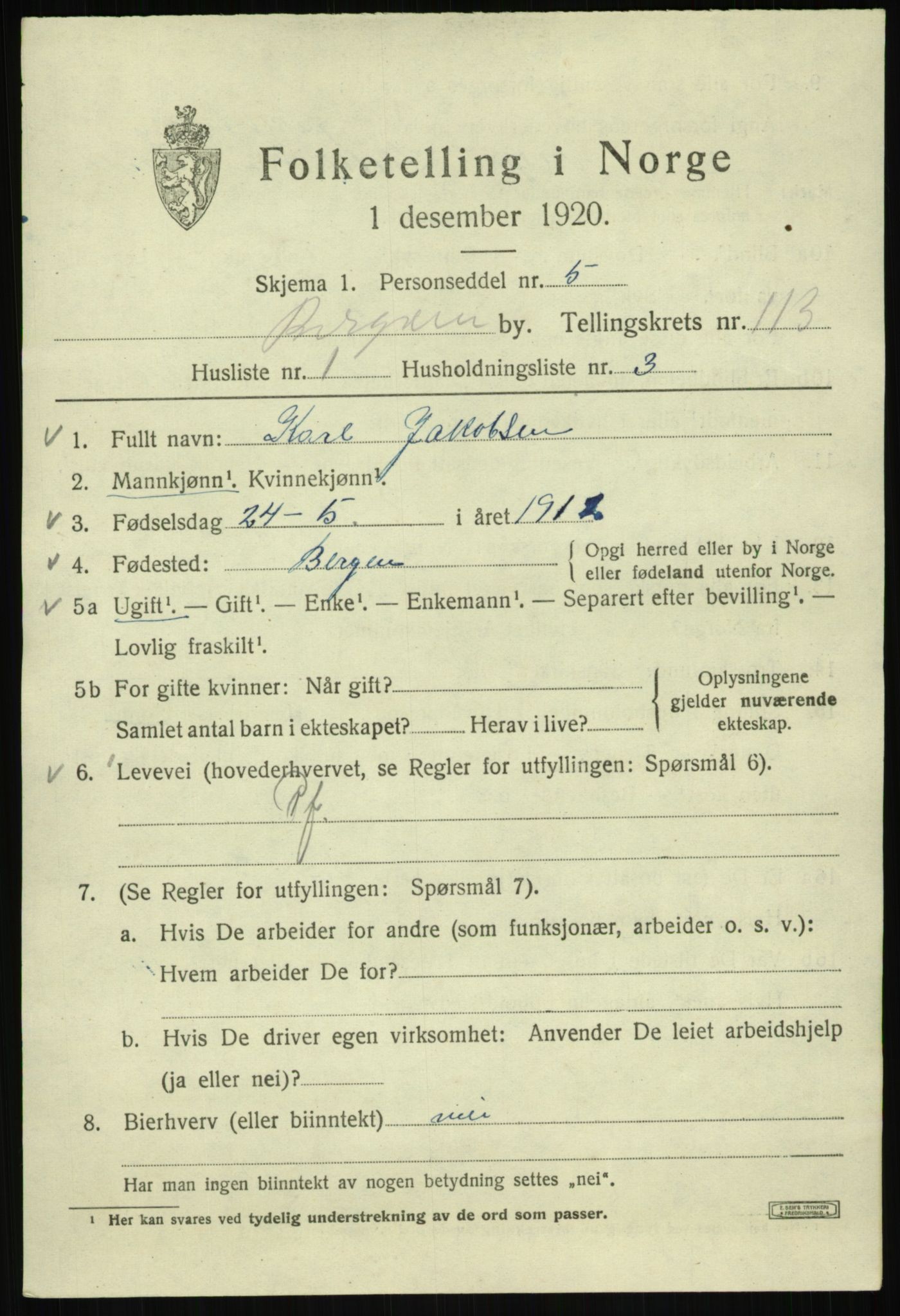 SAB, 1920 census for Bergen, 1920, p. 192748
