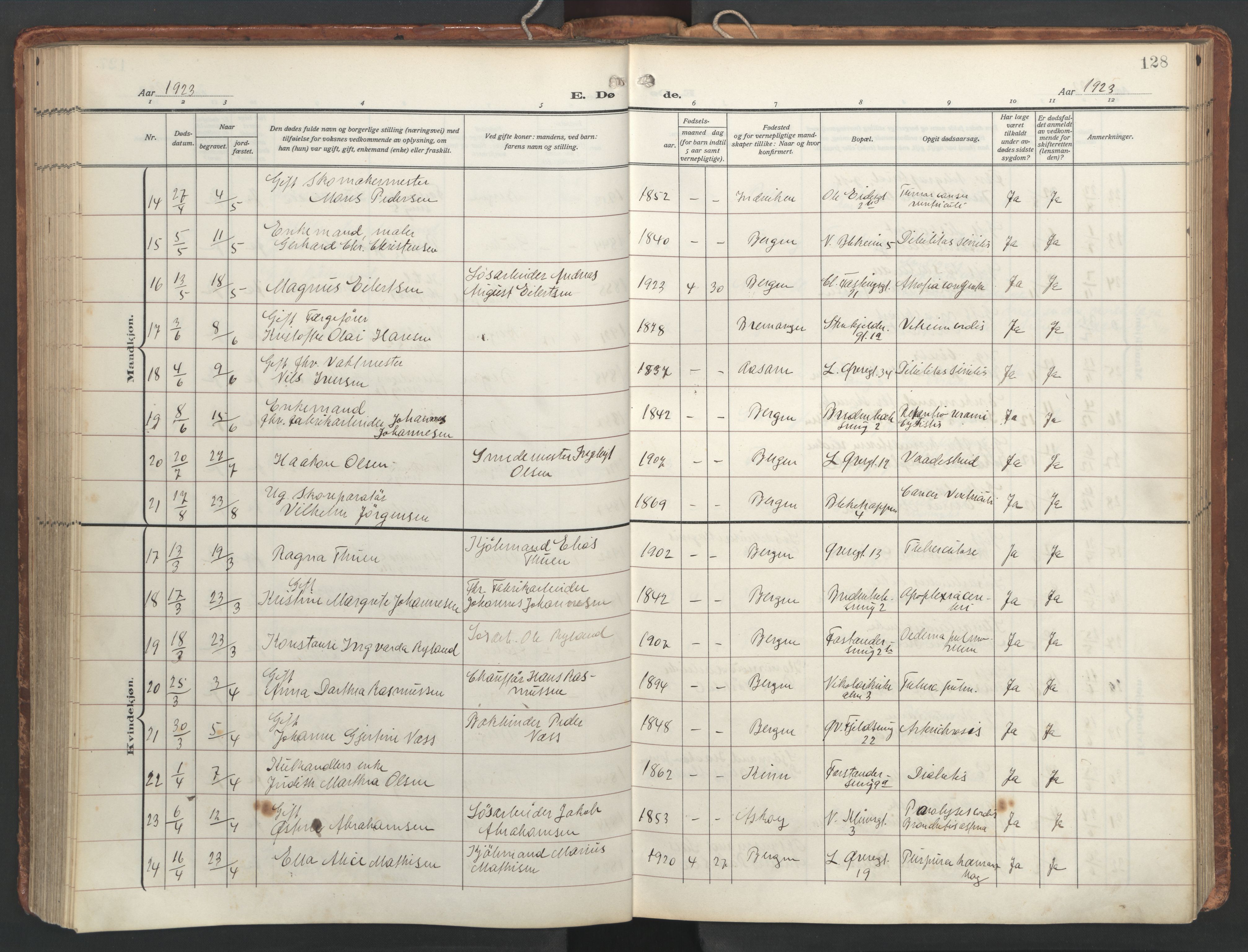 Korskirken sokneprestembete, AV/SAB-A-76101/H/Hab: Parish register (copy) no. E 5, 1910-1956, p. 127b-128a
