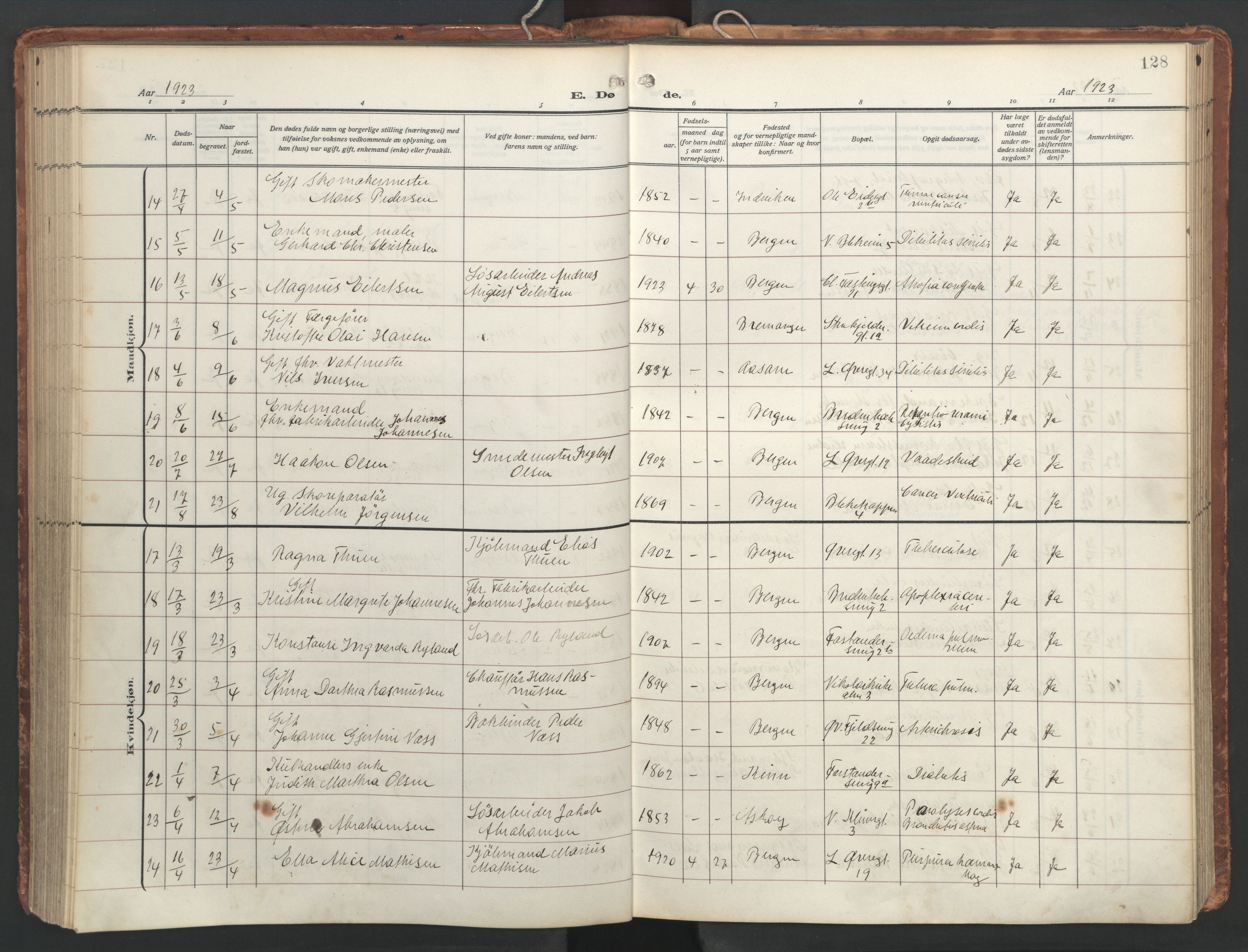 Korskirken sokneprestembete, SAB/A-76101/H/Hab: Parish register (copy) no. E 5, 1910-1956, p. 127b-128a