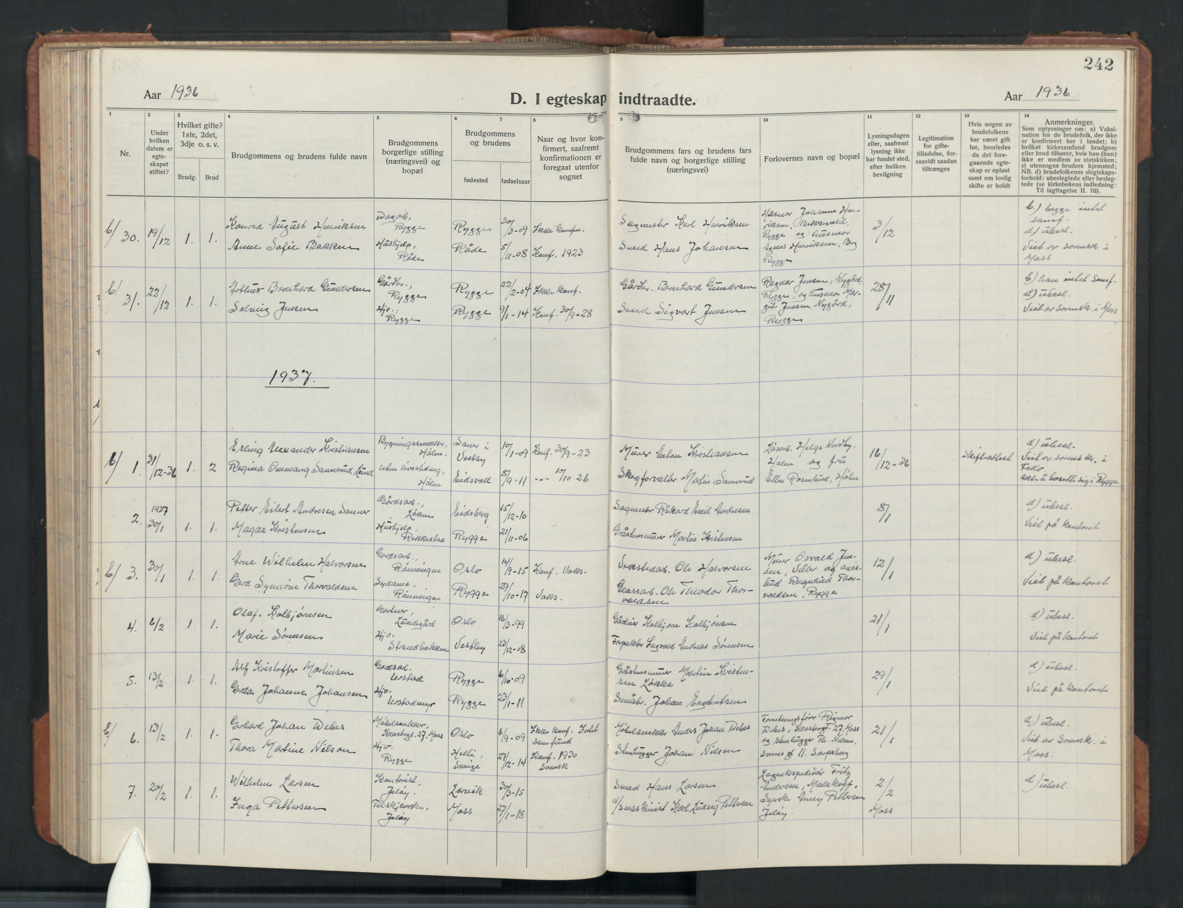 Rygge prestekontor Kirkebøker, SAO/A-10084b/G/Ga/L0004: Parish register (copy) no. 4, 1922-1953, p. 242