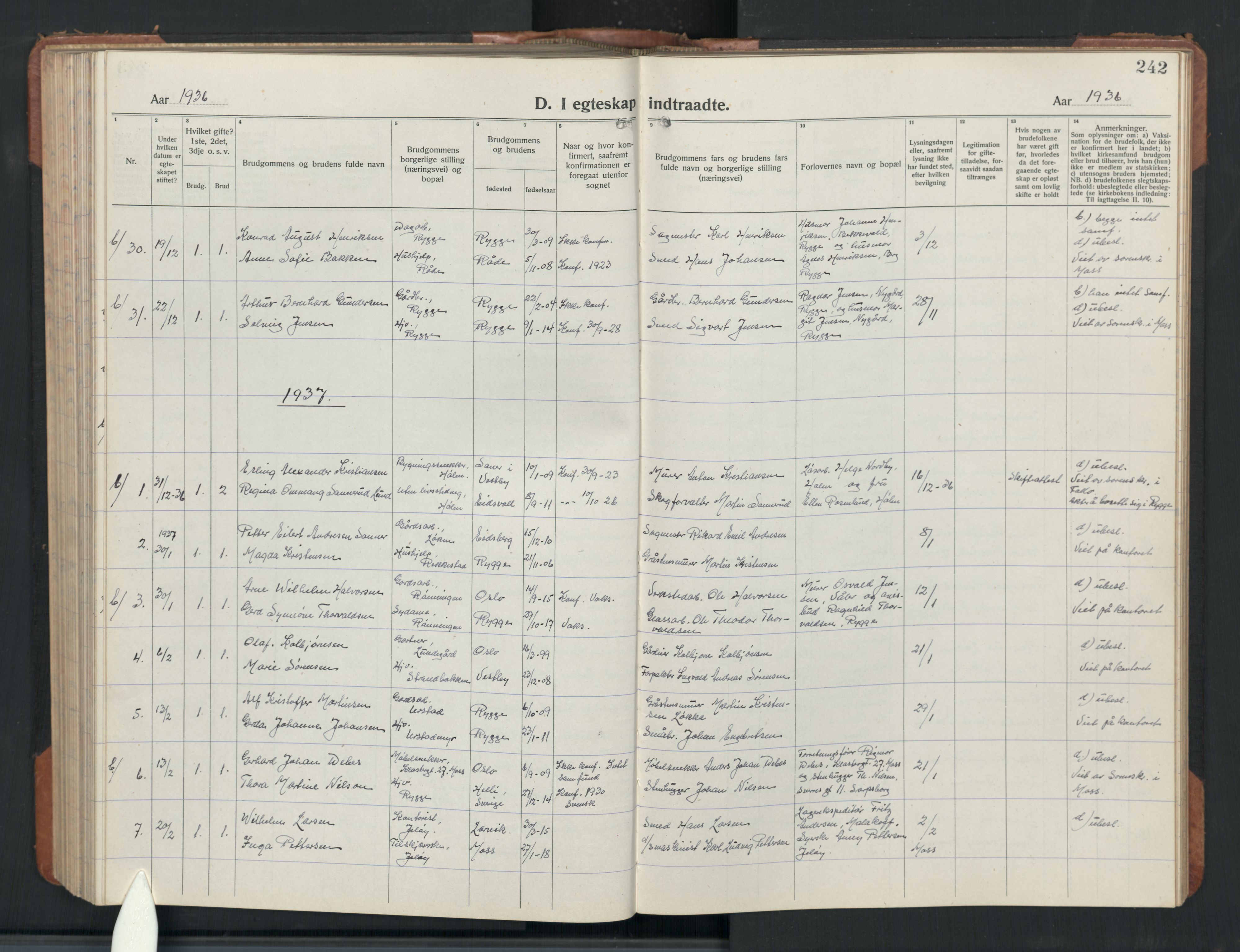 Rygge prestekontor Kirkebøker, AV/SAO-A-10084b/G/Ga/L0004: Parish register (copy) no. 4, 1922-1953, p. 242