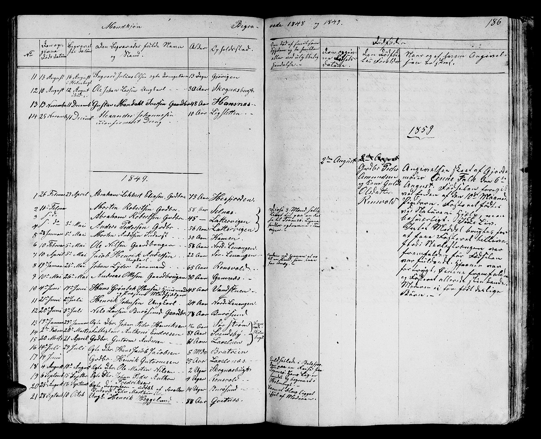 Karlsøy sokneprestembete, SATØ/S-1299/H/Ha/Hab/L0002klokker: Parish register (copy) no. 2, 1843-1861, p. 186
