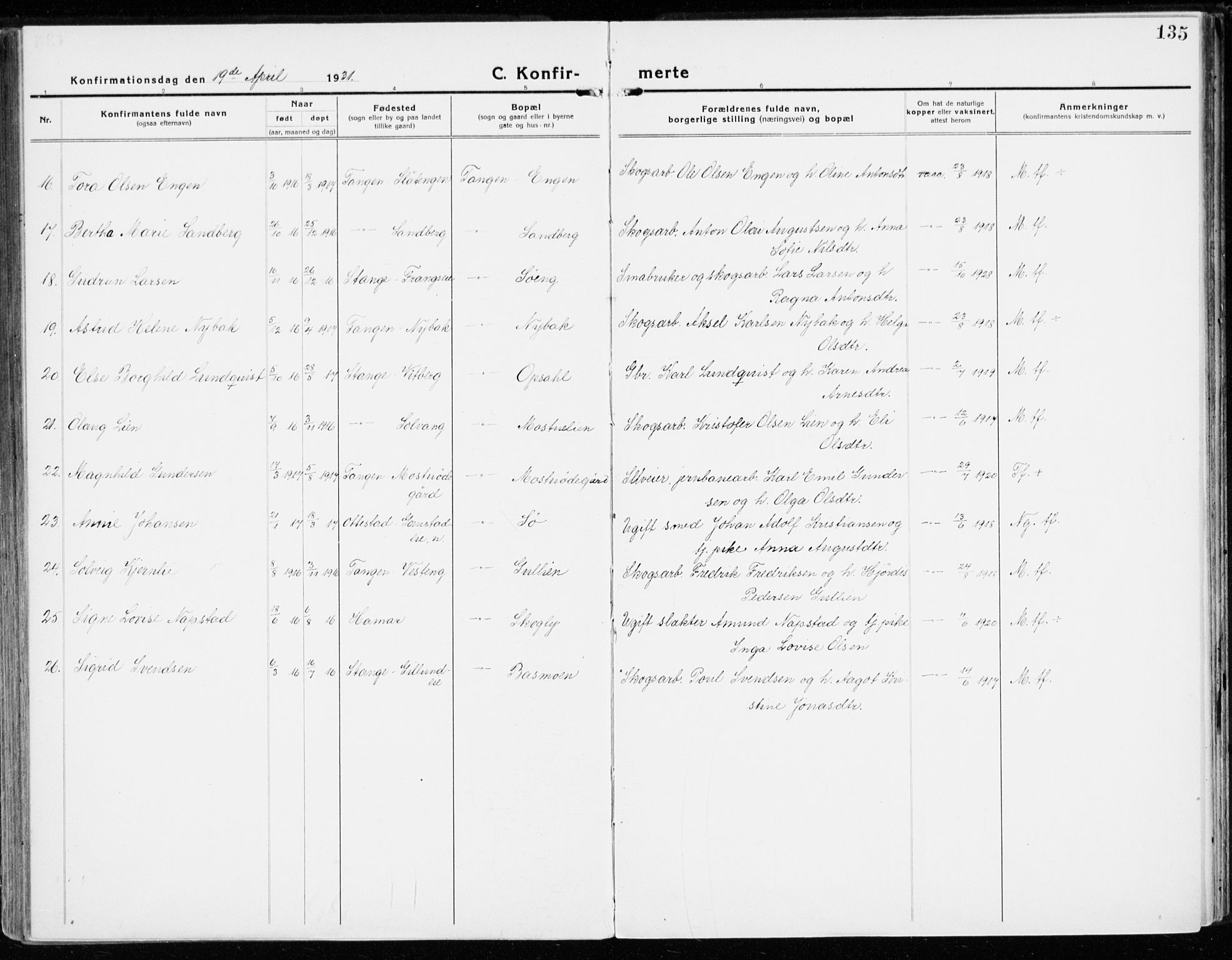 Stange prestekontor, AV/SAH-PREST-002/K/L0025: Parish register (official) no. 25, 1921-1945, p. 135