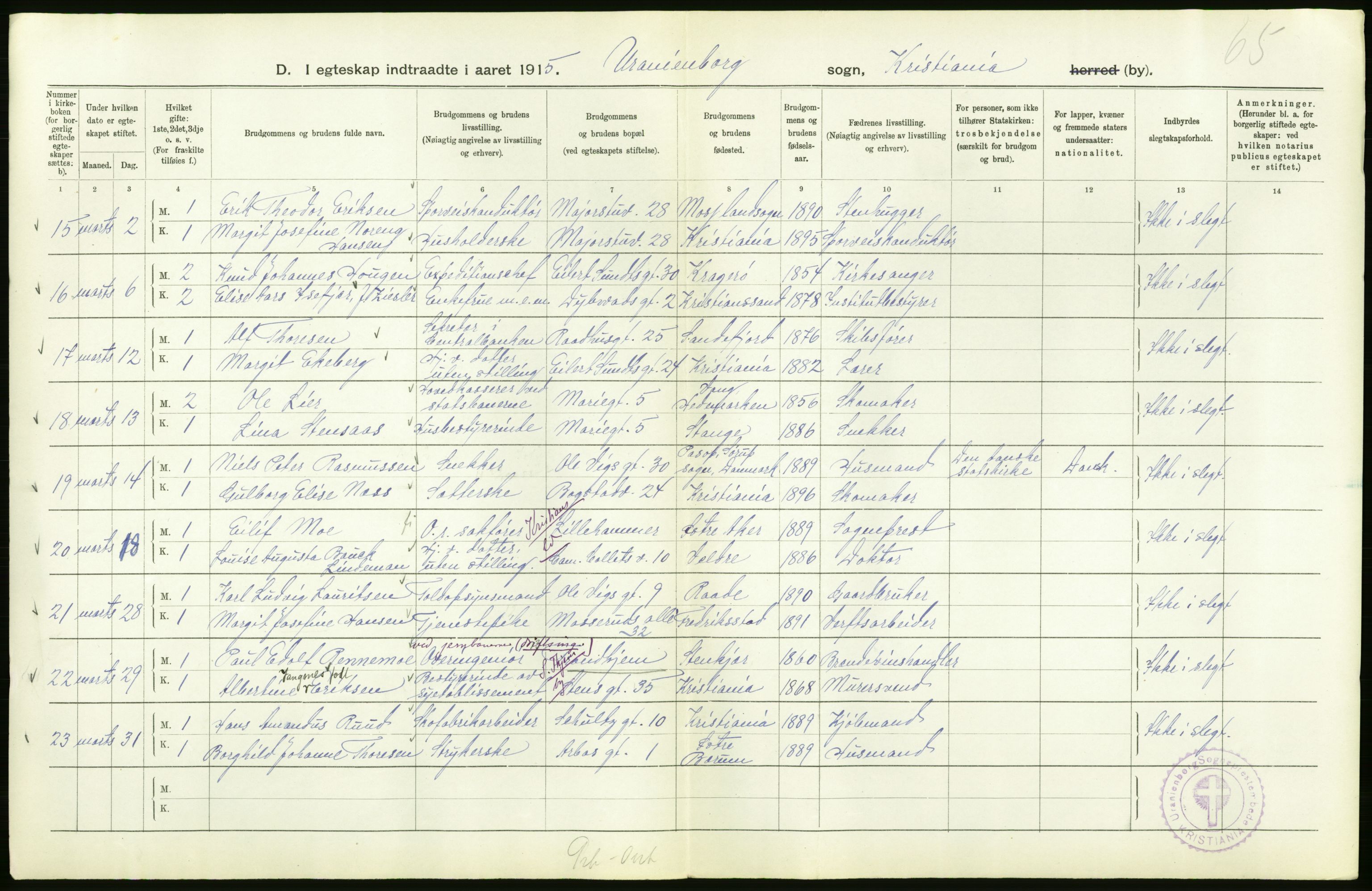 Statistisk sentralbyrå, Sosiodemografiske emner, Befolkning, RA/S-2228/D/Df/Dfb/Dfbe/L0008: Kristiania: Gifte., 1915, p. 242