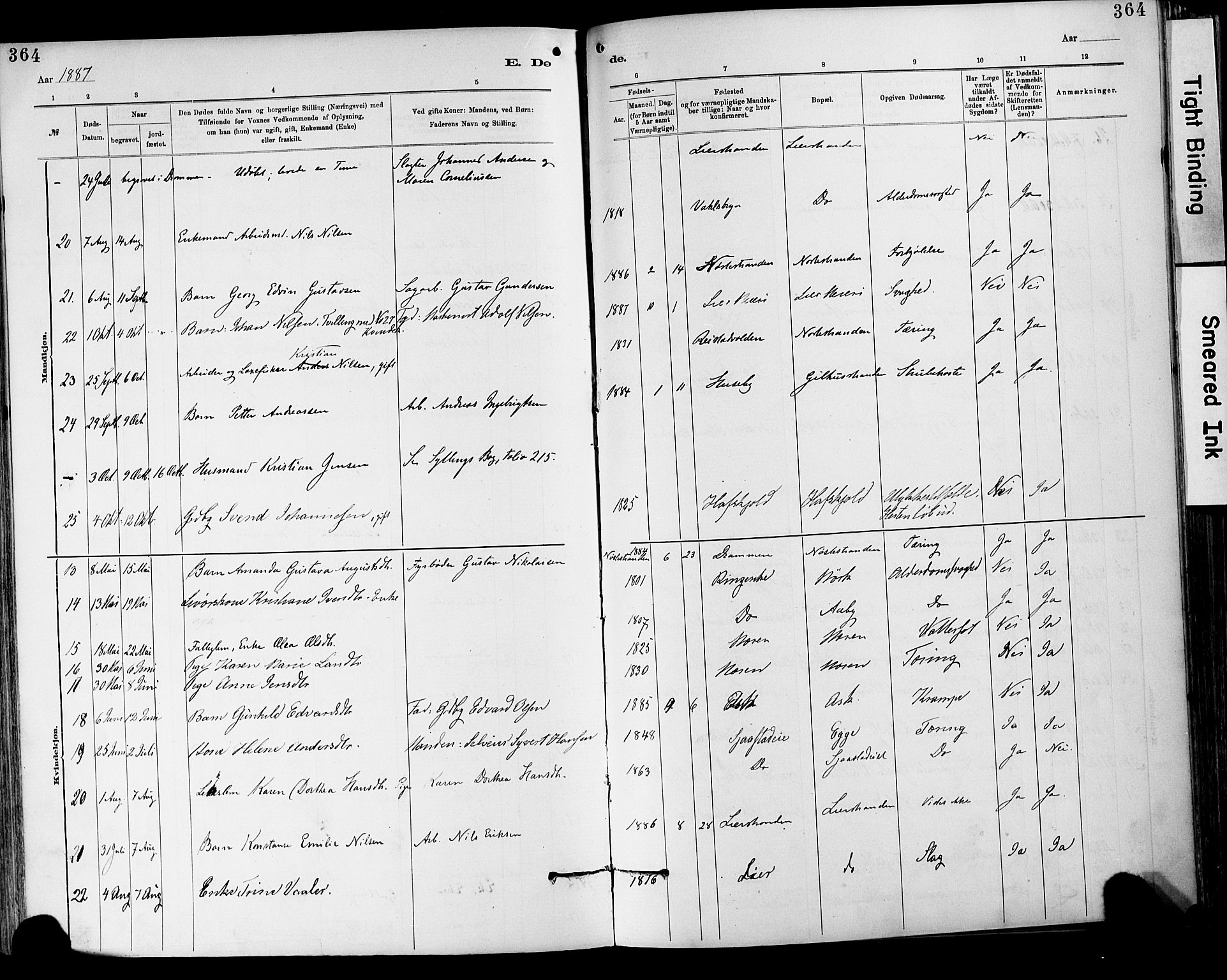 Lier kirkebøker, AV/SAKO-A-230/F/Fa/L0015: Parish register (official) no. I 15, 1883-1894, p. 364