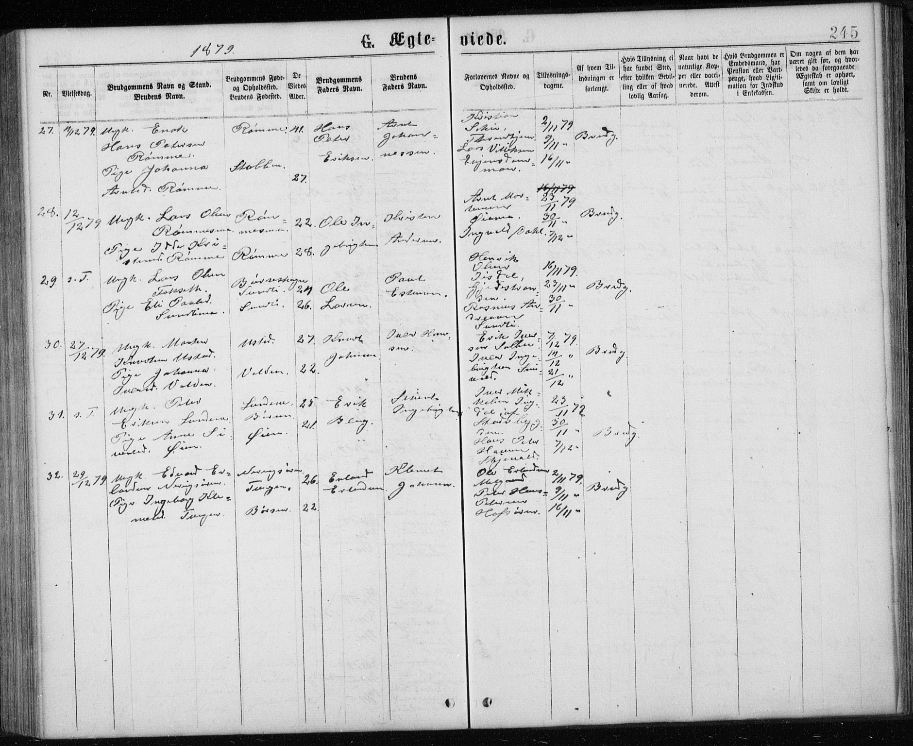 Ministerialprotokoller, klokkerbøker og fødselsregistre - Sør-Trøndelag, SAT/A-1456/668/L0817: Parish register (copy) no. 668C06, 1873-1884, p. 245