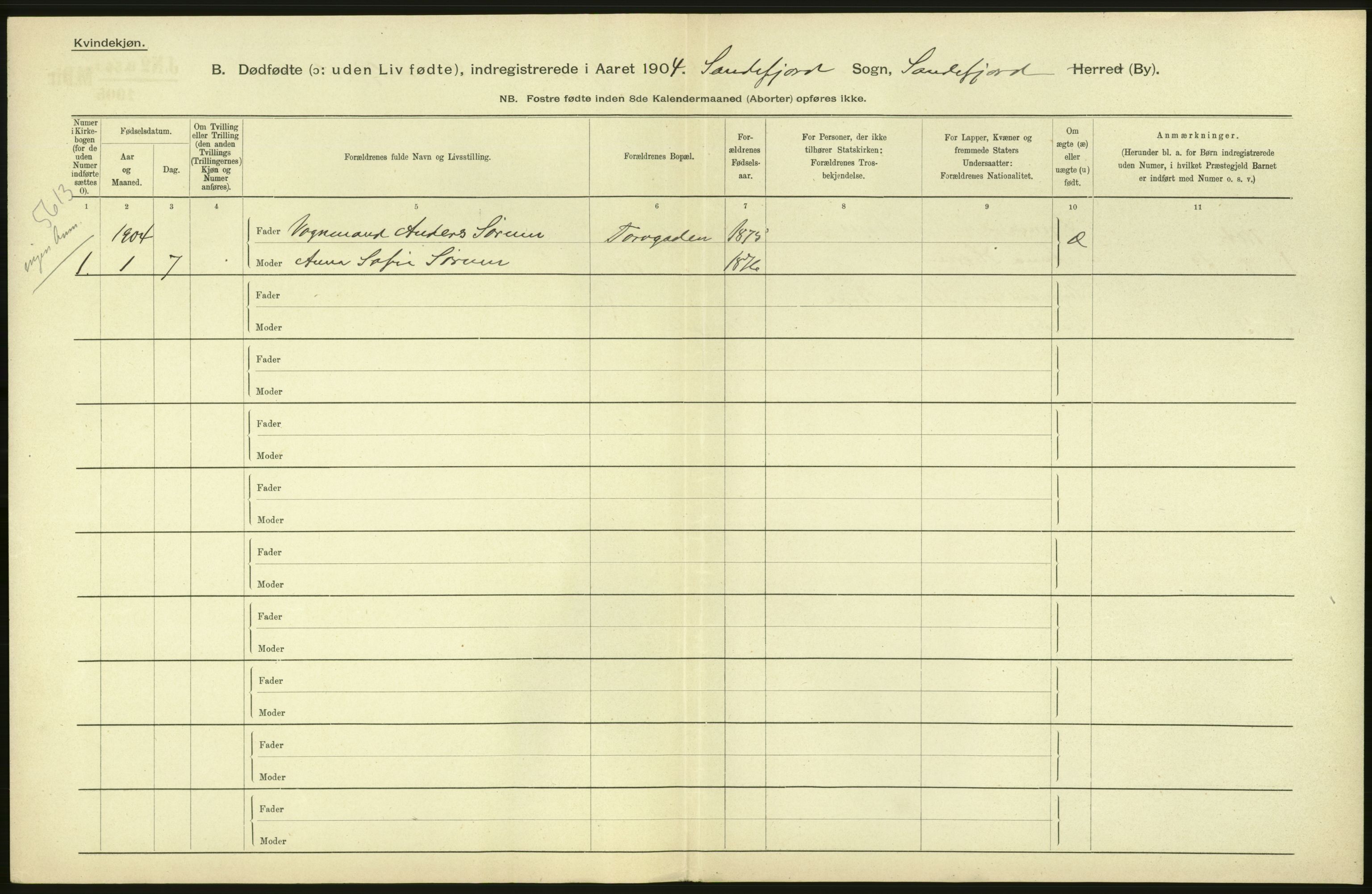 Statistisk sentralbyrå, Sosiodemografiske emner, Befolkning, RA/S-2228/D/Df/Dfa/Dfab/L0027: Smålenes amt - Finnmarkens amt: Dødfødte. Byer, 1904, p. 128